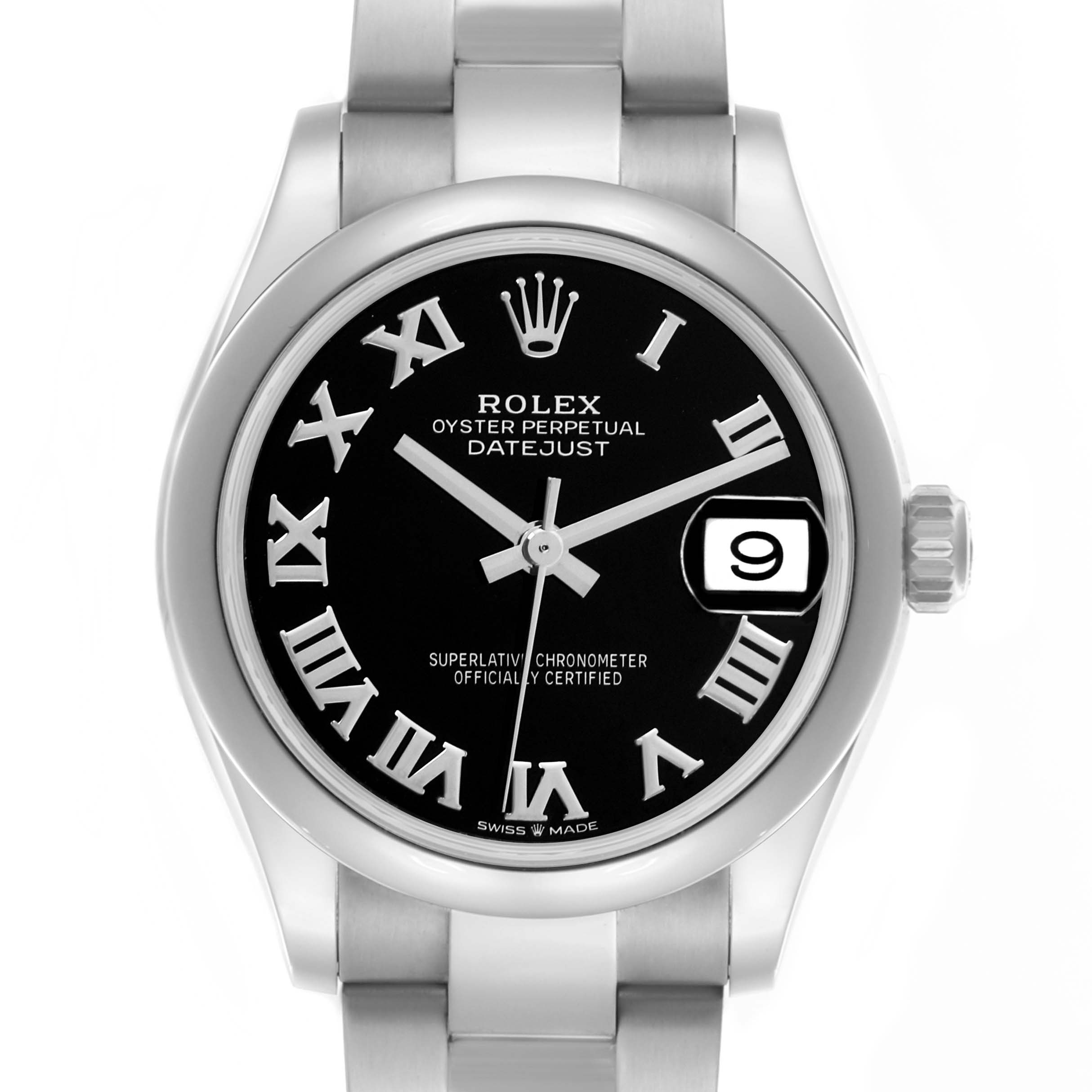 The Rolex Datejust watch is shown from the front, displaying the dial, bezel, and part of the bracelet and crown.