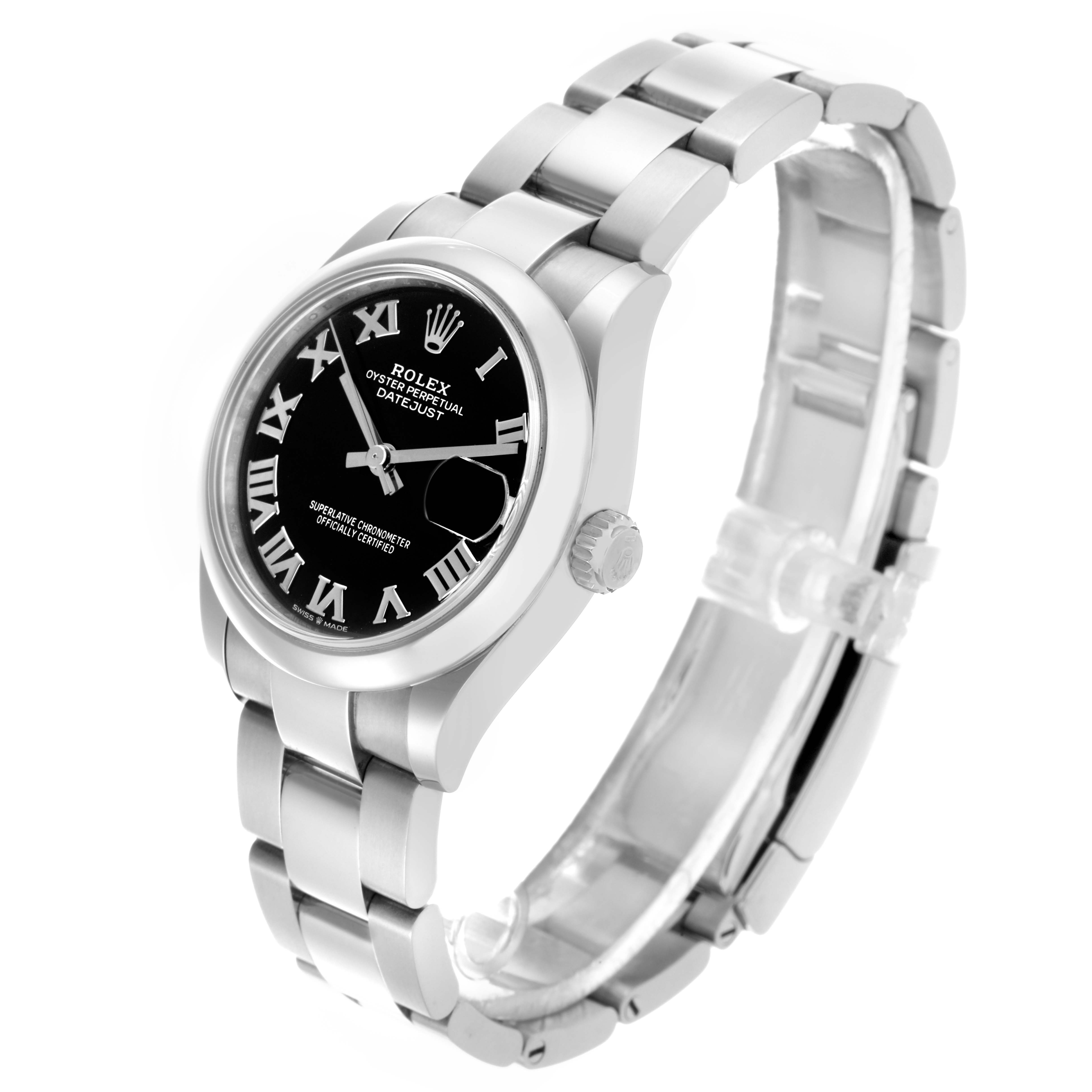 The Rolex Datejust watch is shown at a three-quarter angle, highlighting the black dial, Roman numeral markers, and stainless steel bracelet.