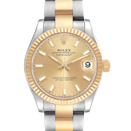 The Rolex Datejust 278273 Women's Steel and Gold (two tone) Champagne Dial watch is shown from the front, highlighting the dial, fluted bezel, and two-tone bracelet.