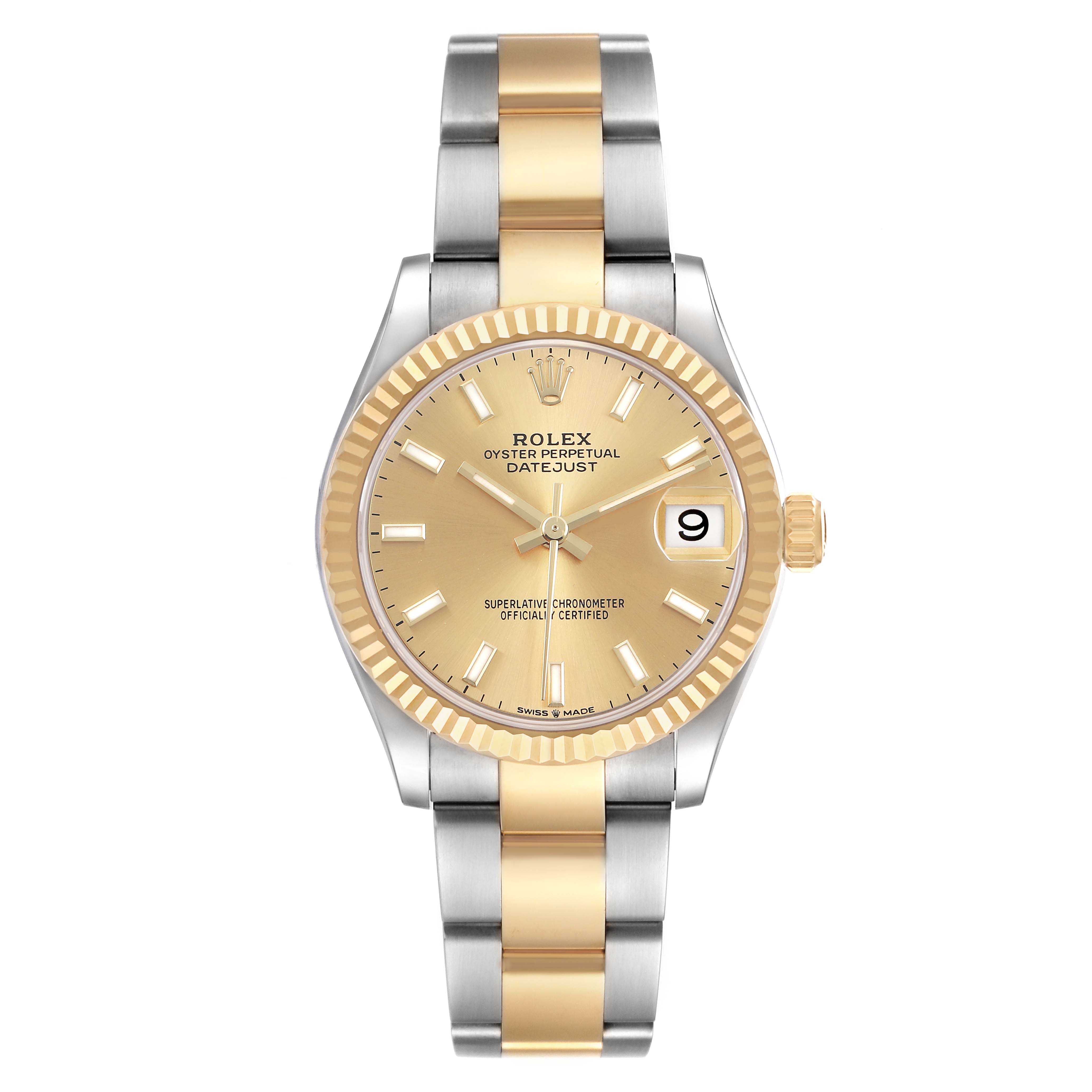 The image shows a Rolex Datejust 278273 Women's Steel and Gold (two tone) Champagne Dial watch from a front angle, displaying its dial, bezel, crown, and bracelet.