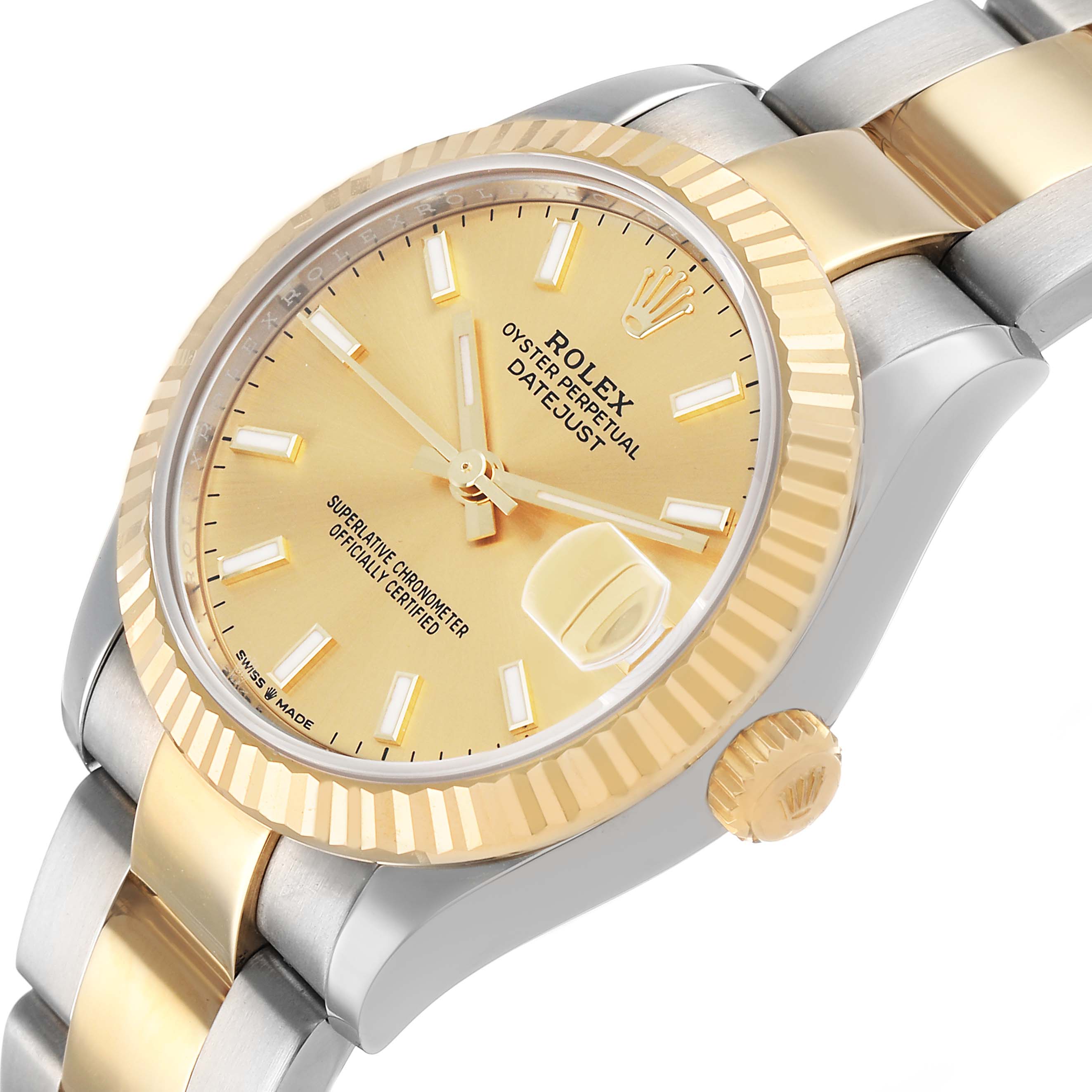 The Rolex Datejust 278273 Women's Steel and Gold (two tone) Champagne Dial watch is shown at a three-quarter angle, displaying the dial, bezel, crown, and bracelet.