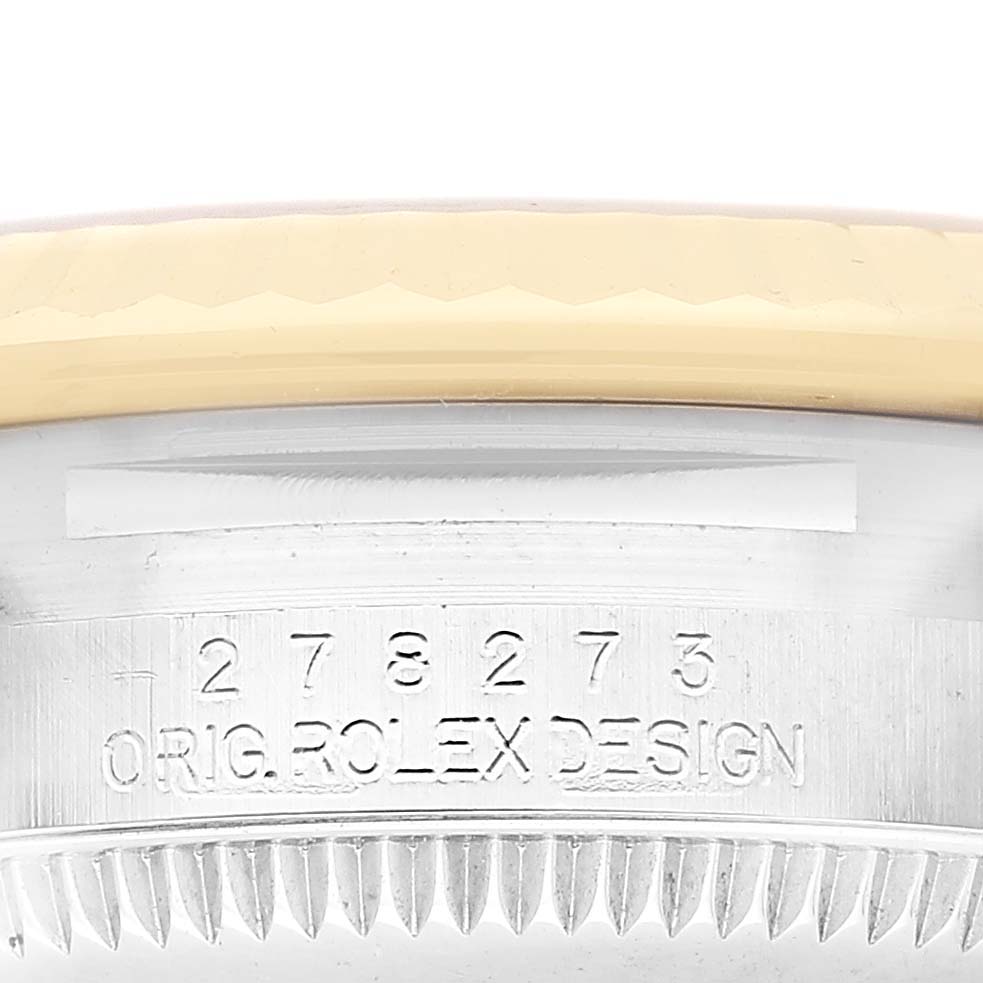 The image shows the side engraving on the casing of a Rolex Datejust 278273 Women's Steel and Gold (two tone) Champagne Dial, highlighting its model number.