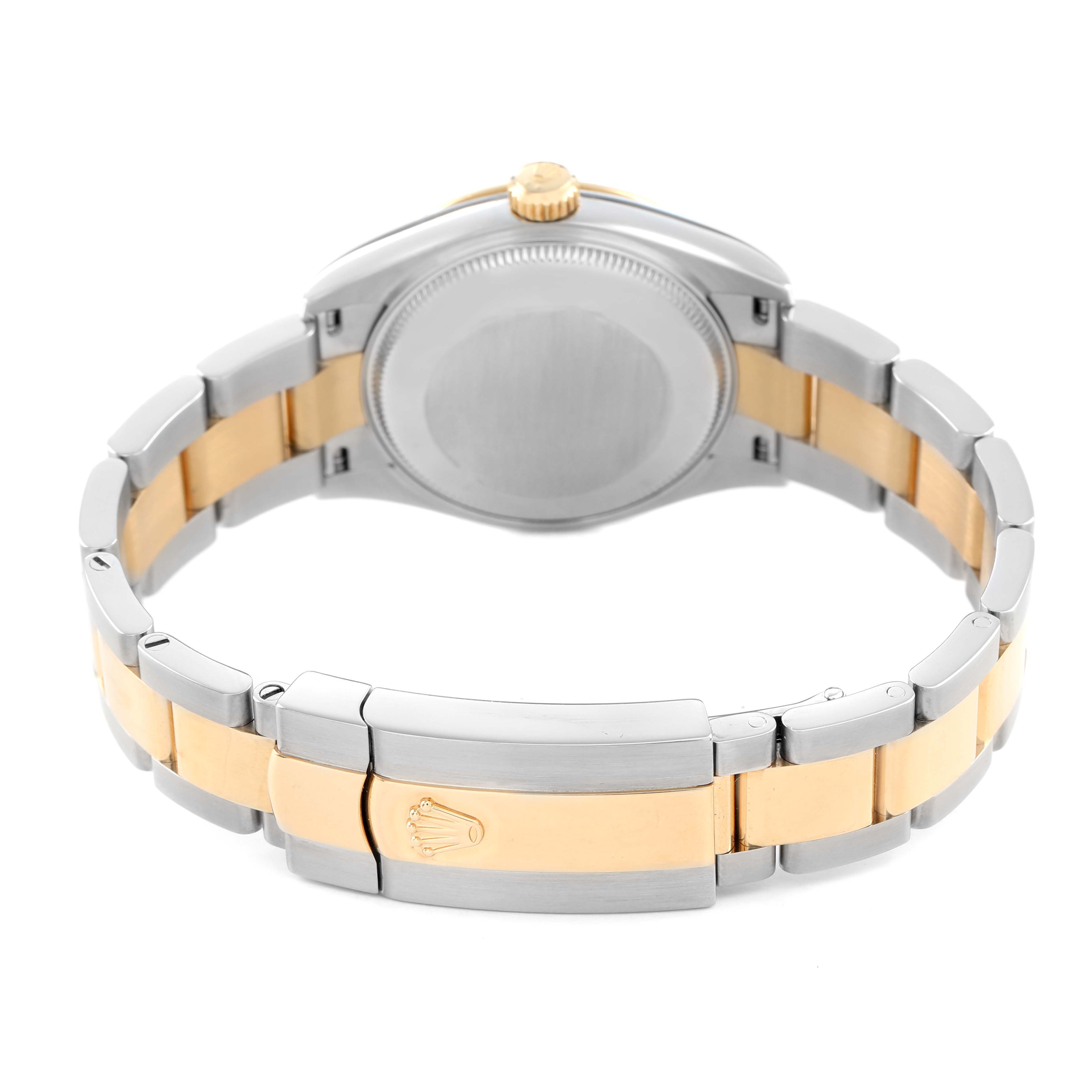 The image shows the back view of a Rolex Datejust 278273 Women's Steel and Gold (two tone) Champagne Dial, highlighting its two-tone bracelet and clasp.