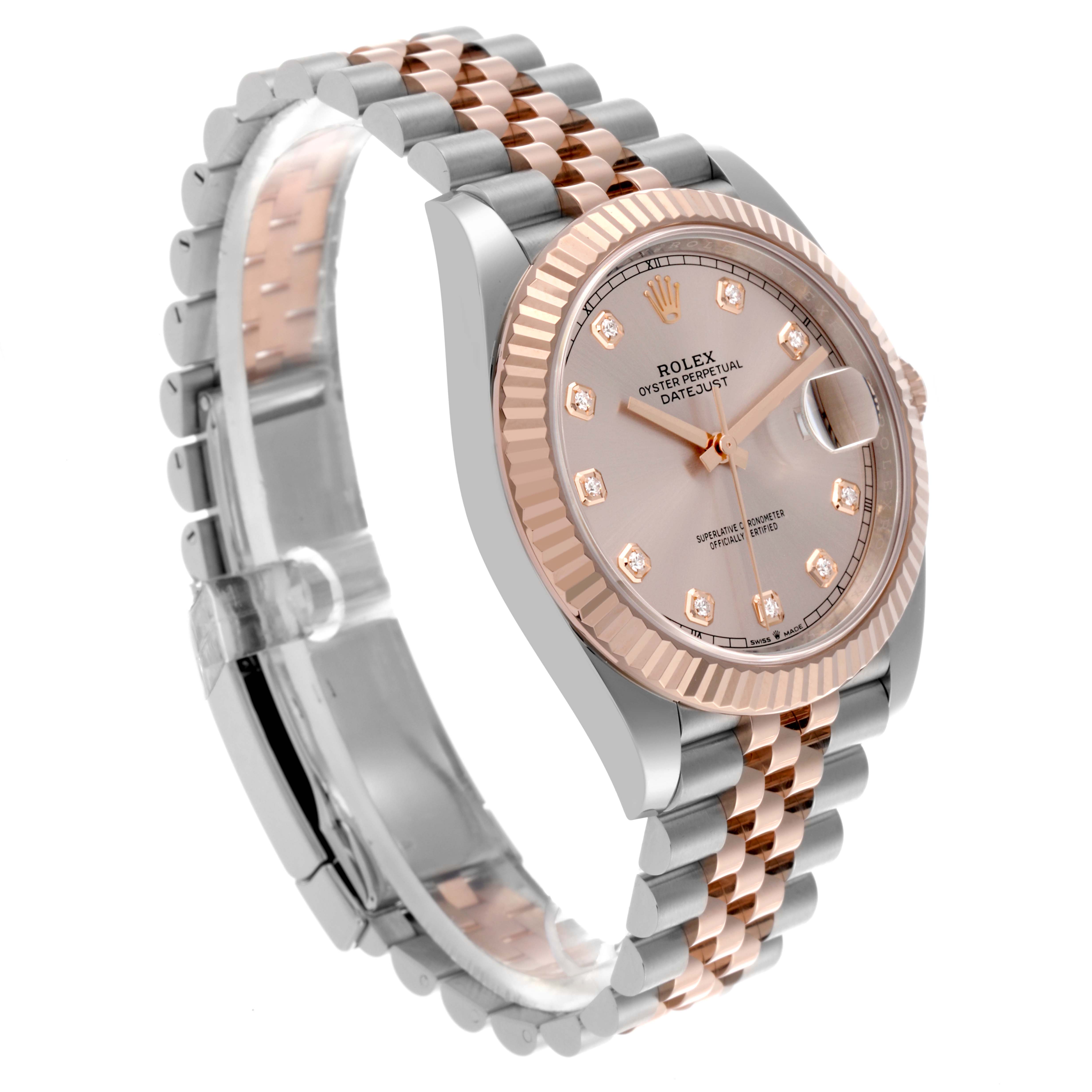 The Rolex Datejust 41 126331 Men's Steel and Gold (two tone) Pink Dial 126331 Men's Steel and Gold (two tone) Pink Dial is shown at a three-quarter angle, highlighting the dial, fluted bezel, and Jubilee bracelet.