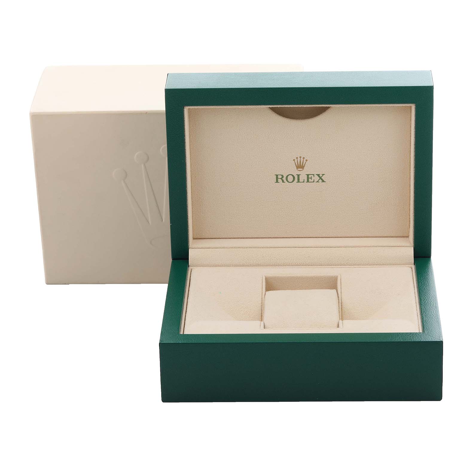 The image shows an open green and beige Rolex Datejust 41 126331 Men's Steel and Gold (two tone) Pink Dial 126331 Men's Steel and Gold (two tone) Pink Dial watch box at a slight frontal angle, with an outer case behind.