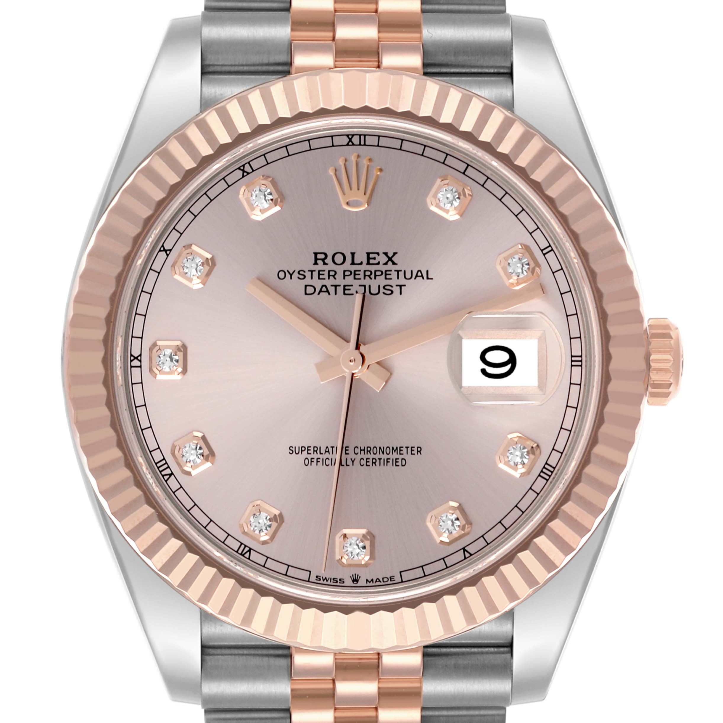 The image shows the face of the Rolex Datejust 41 126331 Men's Steel and Gold (two tone) Pink Dial 126331 Men's Steel and Gold (two tone) Pink Dial from a top-down angle, highlighting the dial, bezel, crown, and bracelet.