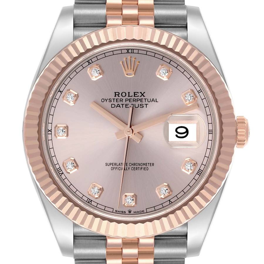 The image shows the face of the Rolex Datejust 41 from a top-down angle, highlighting the dial, bezel, crown, and bracelet.