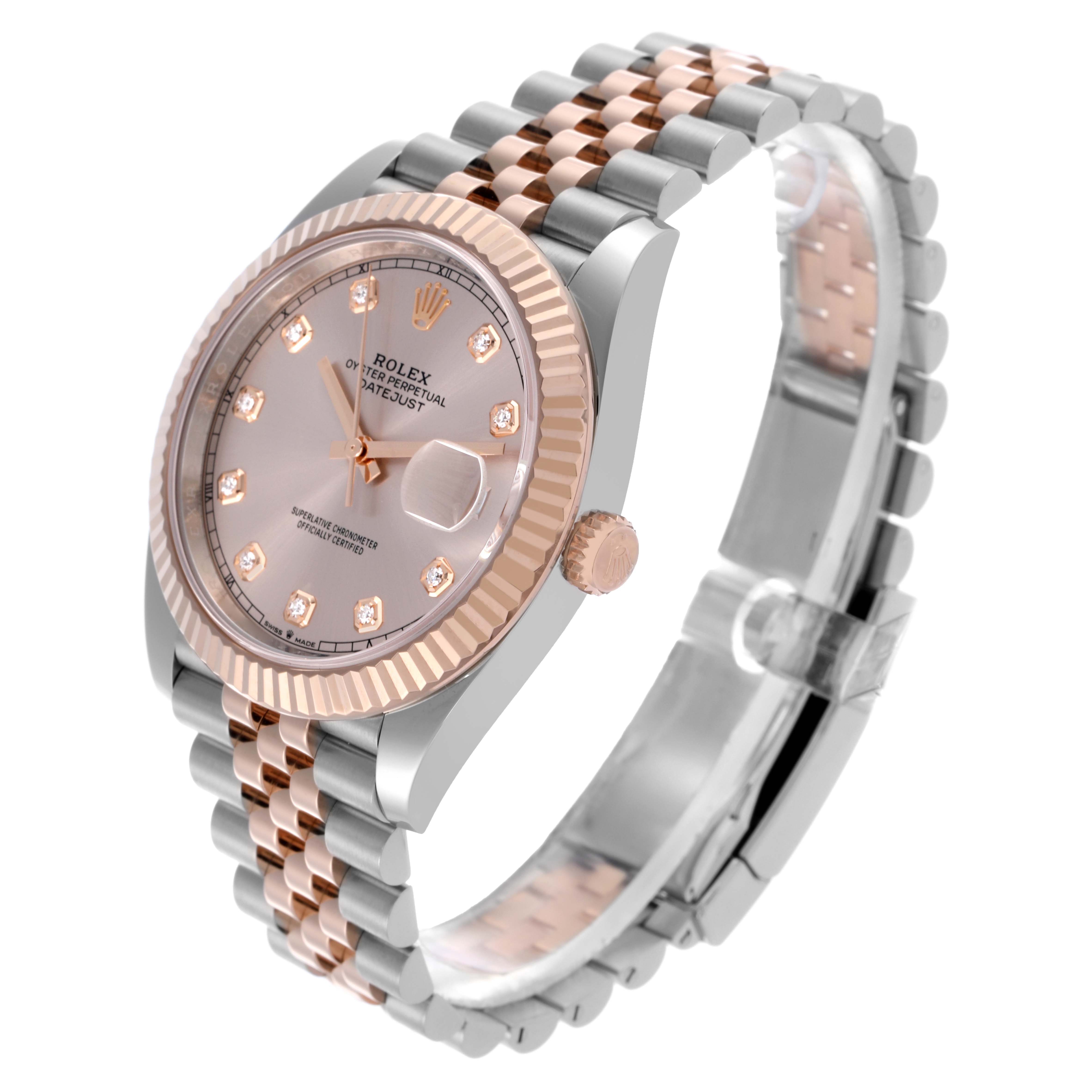 The Rolex Datejust 41 126331 Men's Steel and Gold (two tone) Pink Dial 126331 Men's Steel and Gold (two tone) Pink Dial is shown at an oblique angle, highlighting its face, fluted bezel, crown, and Jubilee bracelet.