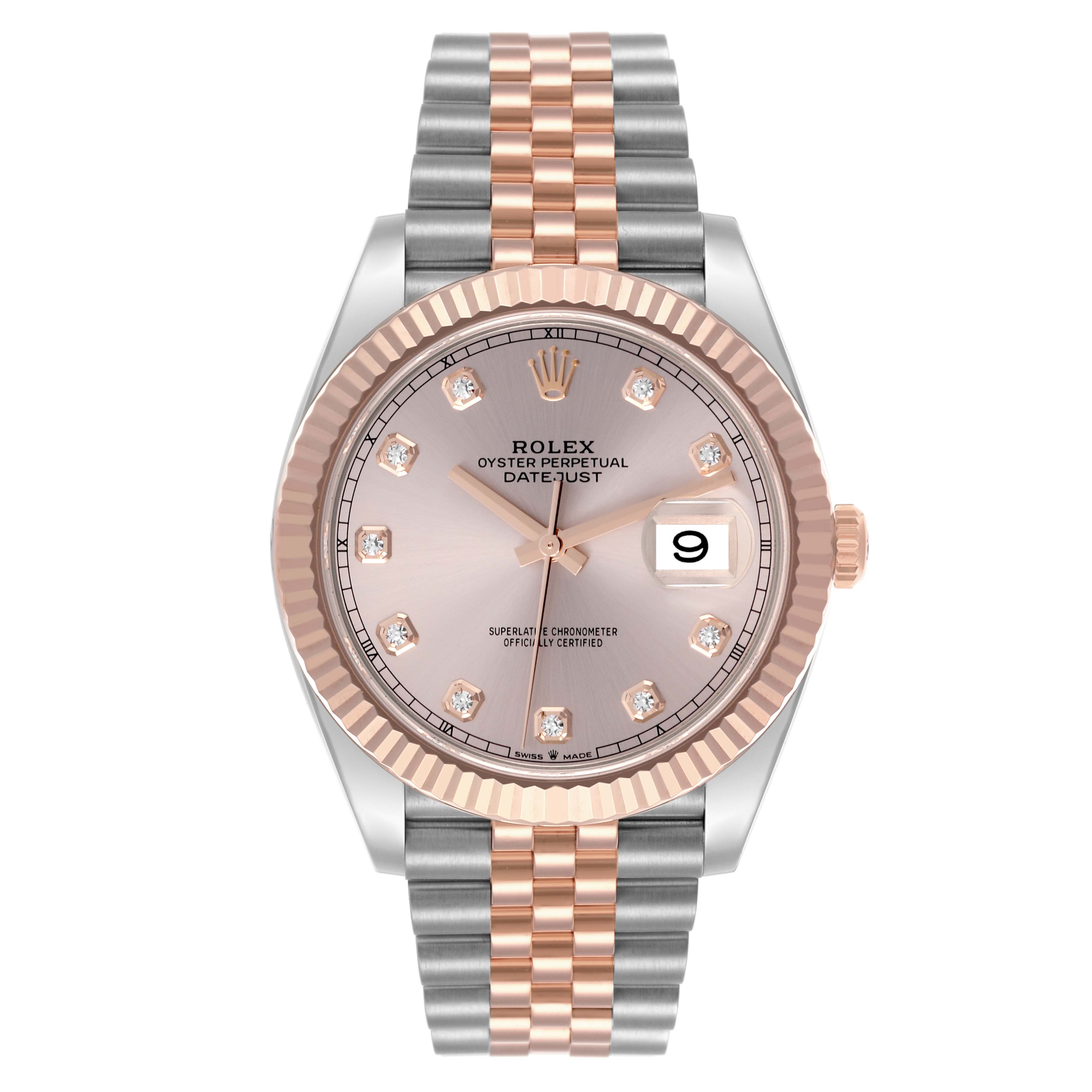 The Rolex Datejust 41 126331 Men's Steel and Gold (two tone) Pink Dial 126331 Men's Steel and Gold (two tone) Pink Dial watch is shown from the front, highlighting the dial, bezel, and two-tone bracelet.