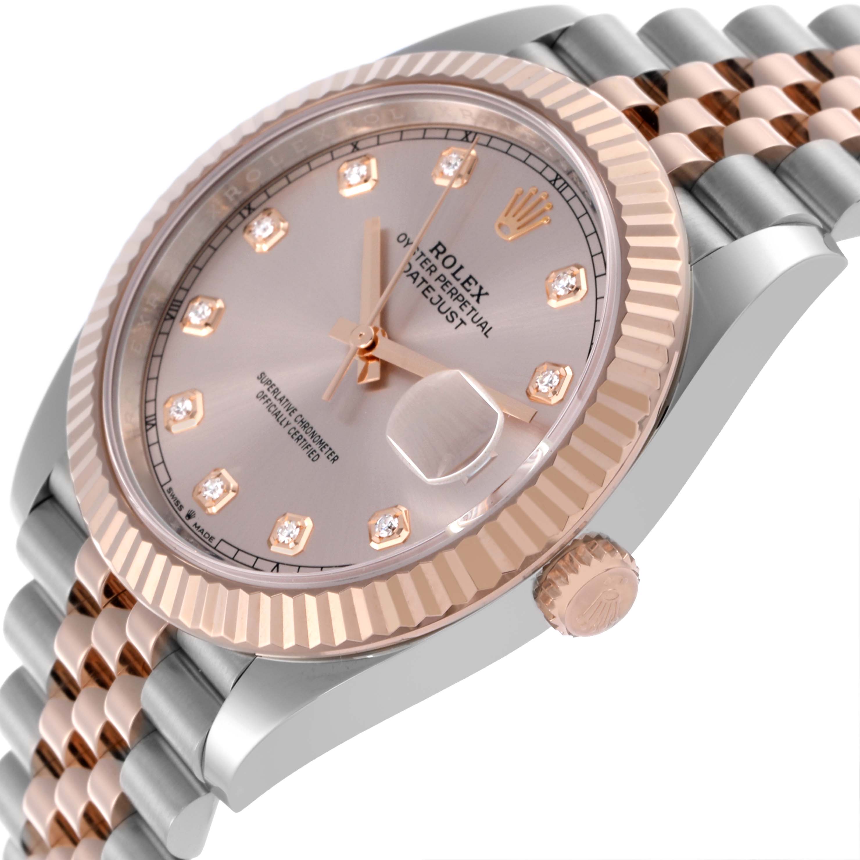 The image shows a side angle of the Rolex Datejust 41 126331 Men's Steel and Gold (two tone) Pink Dial 126331 Men's Steel and Gold (two tone) Pink Dial, highlighting its bezel, crown, and partially visible bracelet.