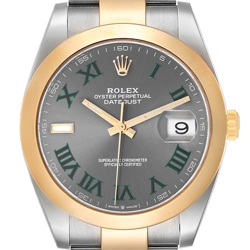 The Rolex Datejust 41 126303 Men's Steel and Gold (two tone) Grey Dial watch is shown from a top-down angle, highlighting the dial, bezel, crown, and part of the bracelet.