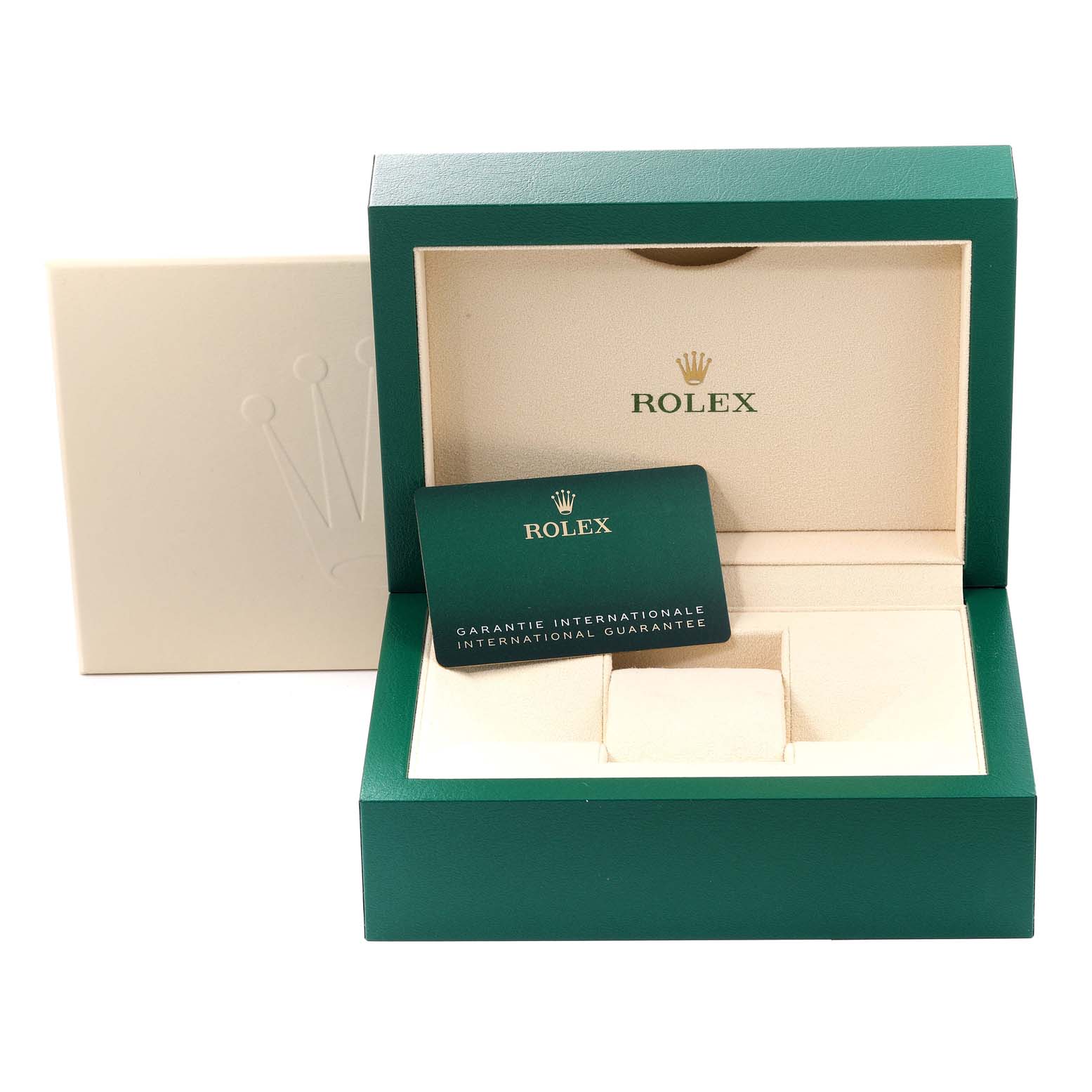 The image shows a Rolex Datejust 41 126303 Men's Steel and Gold (two tone) Grey Dial box with a warranty card inside an open green and beige case.