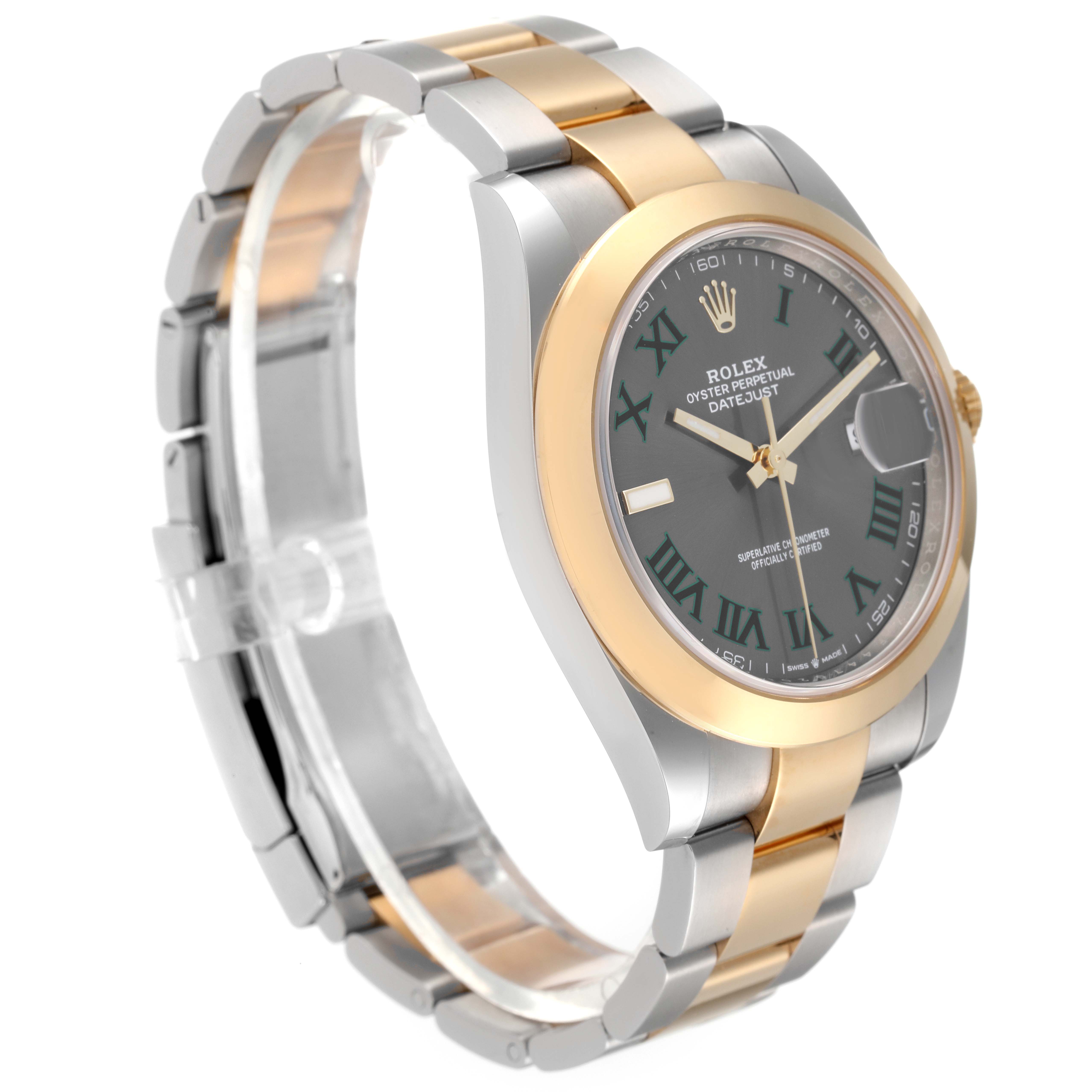 The Rolex Datejust 41 126303 Men's Steel and Gold (two tone) Grey Dial is shown at a slight angle, highlighting its two-tone bracelet, bezel, and the dial with Roman numerals.