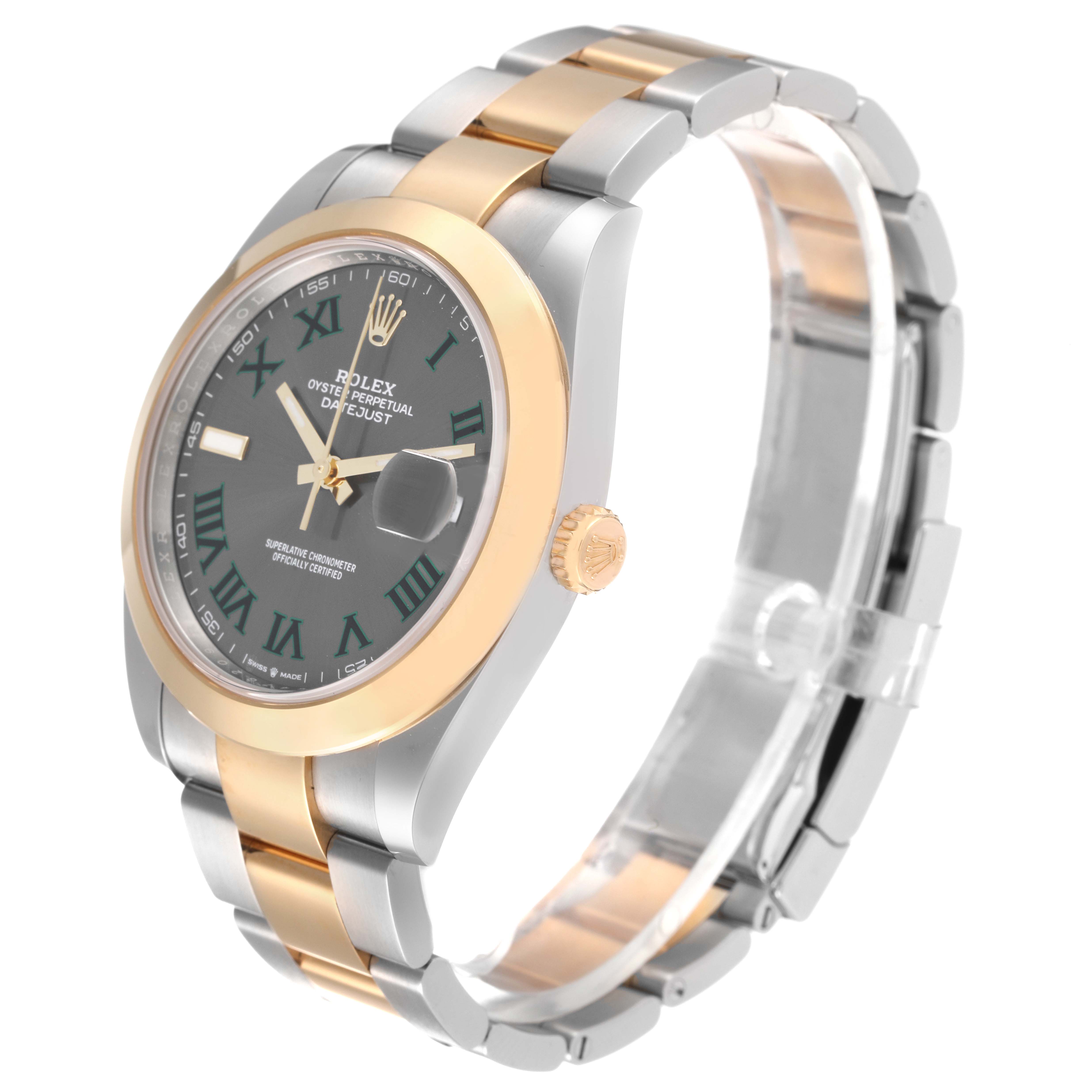 The Rolex Datejust 41 126303 Men's Steel and Gold (two tone) Grey Dial is shown at a 3/4 angle, highlighting the dial, bezel, crown, and two-tone bracelet.