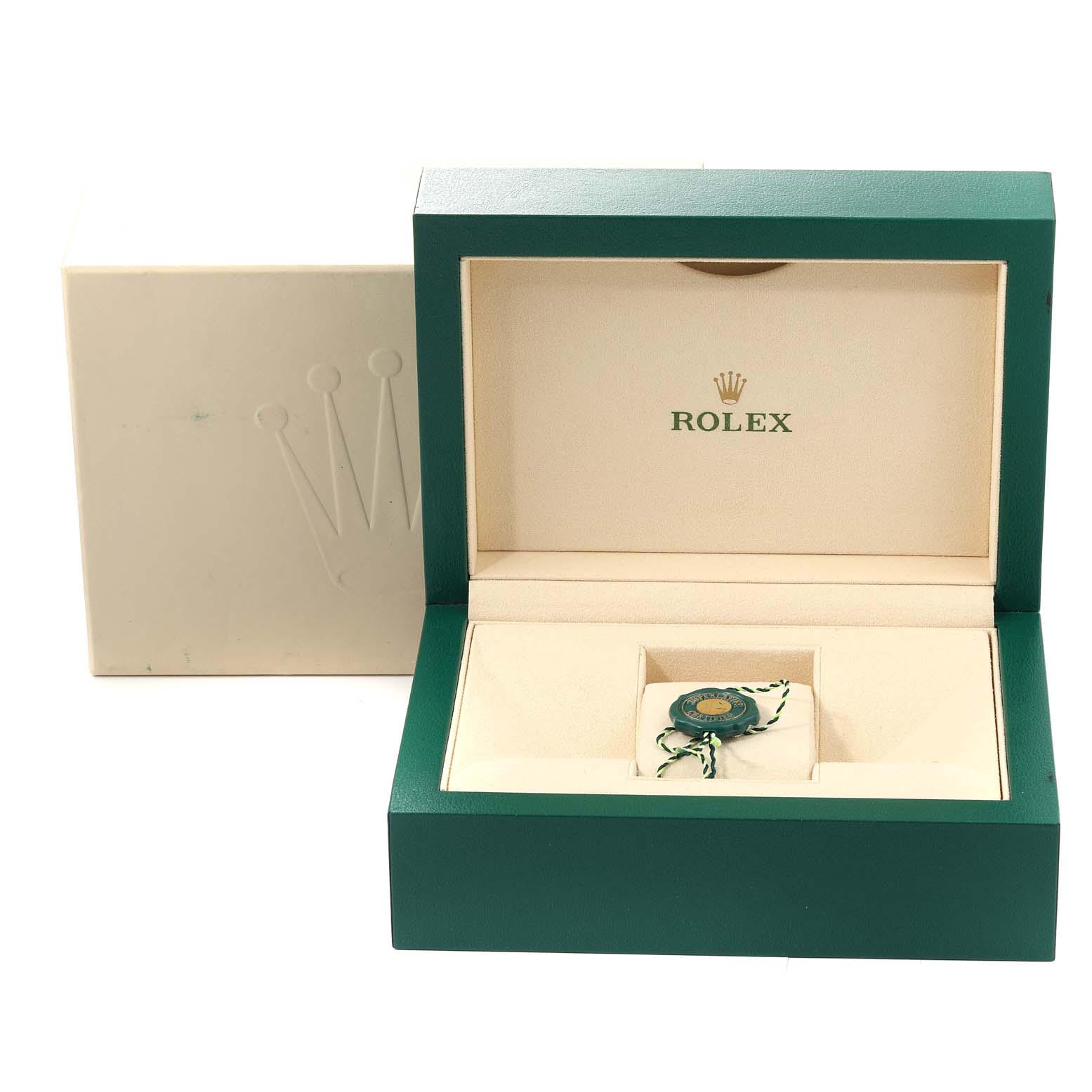 The image shows an empty green and cream box with branding for a Rolex Datejust 116243 Men's Steel and Gold (two tone) Champagne Dial 116243 Men's Steel and Gold (two tone) Champagne Dial watch, positioned at an open angle.