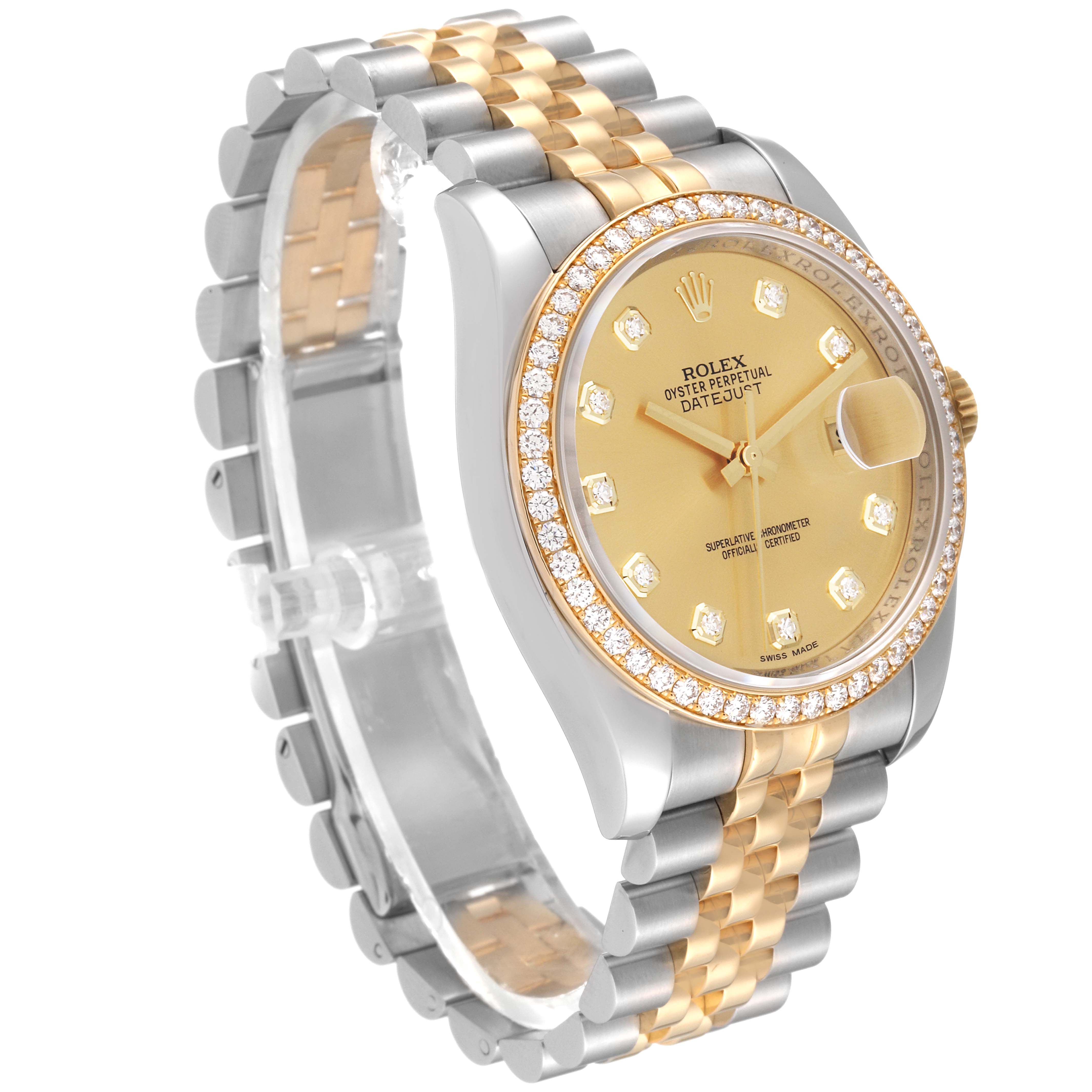 This image shows a Rolex Datejust 116243 Men's Steel and Gold (two tone) Champagne Dial 116243 Men's Steel and Gold (two tone) Champagne Dial watch at a three-quarter angle, displaying its jubilee bracelet, diamond-set bezel, and champagne dial.