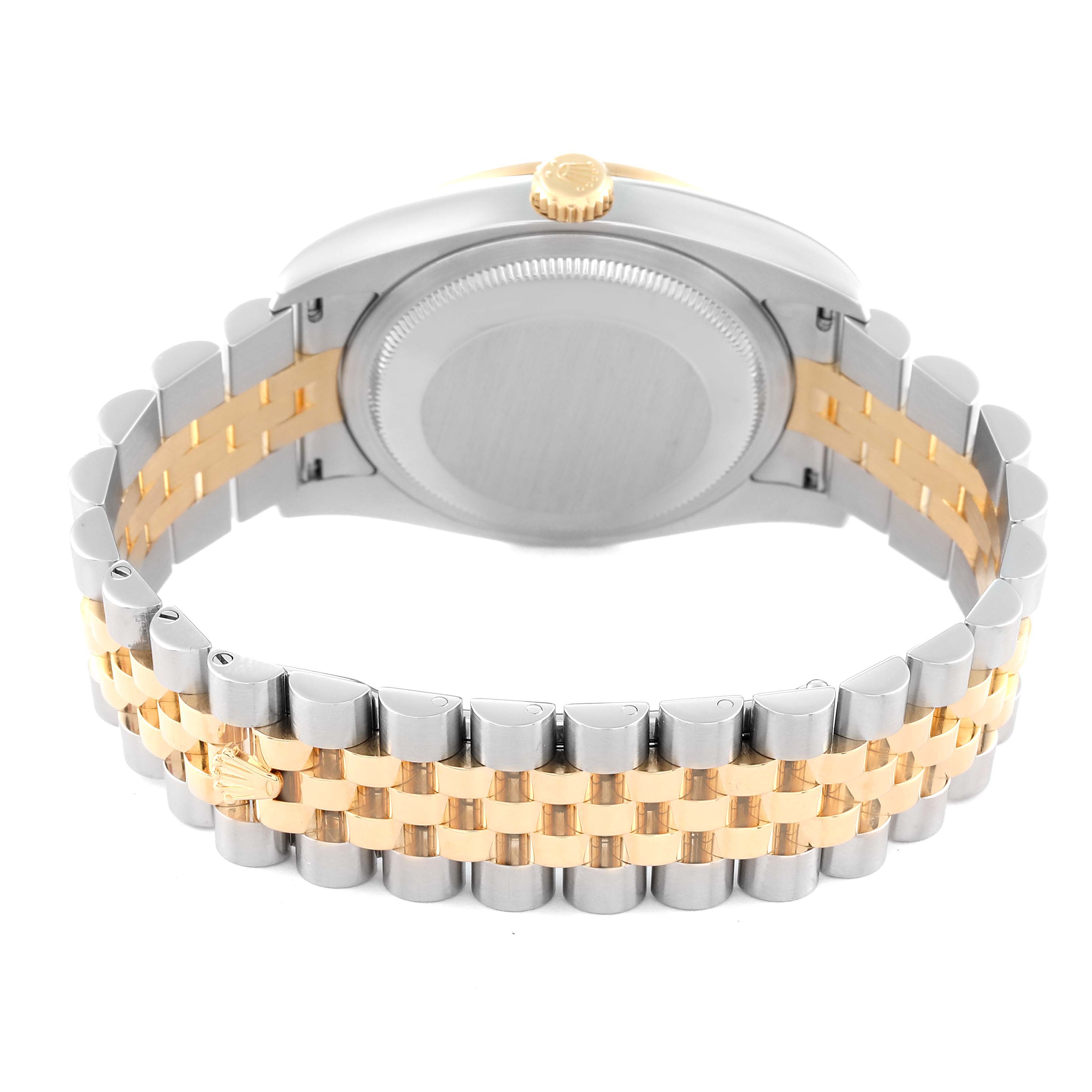 The image shows the back view of a Rolex Datejust 116243 Men's Steel and Gold (two tone) Champagne Dial 116243 Men's Steel and Gold (two tone) Champagne Dial watch, highlighting its case back, crown, and two-tone Jubilee bracelet.