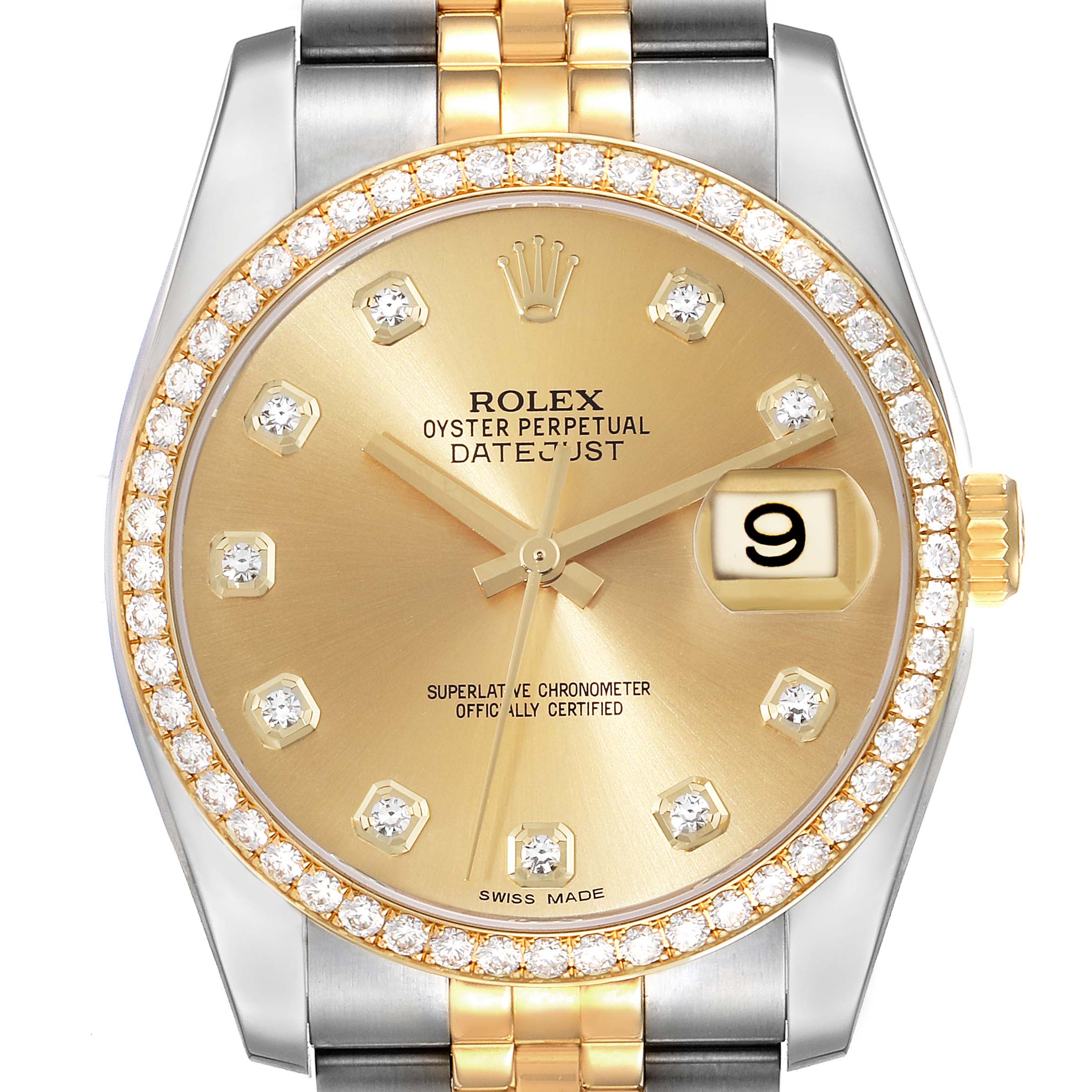 This image shows a front view of the dial, bezel, and crown of a Rolex Datejust 116243 Men's Steel and Gold (two tone) Champagne Dial 116243 Men's Steel and Gold (two tone) Champagne Dial watch.