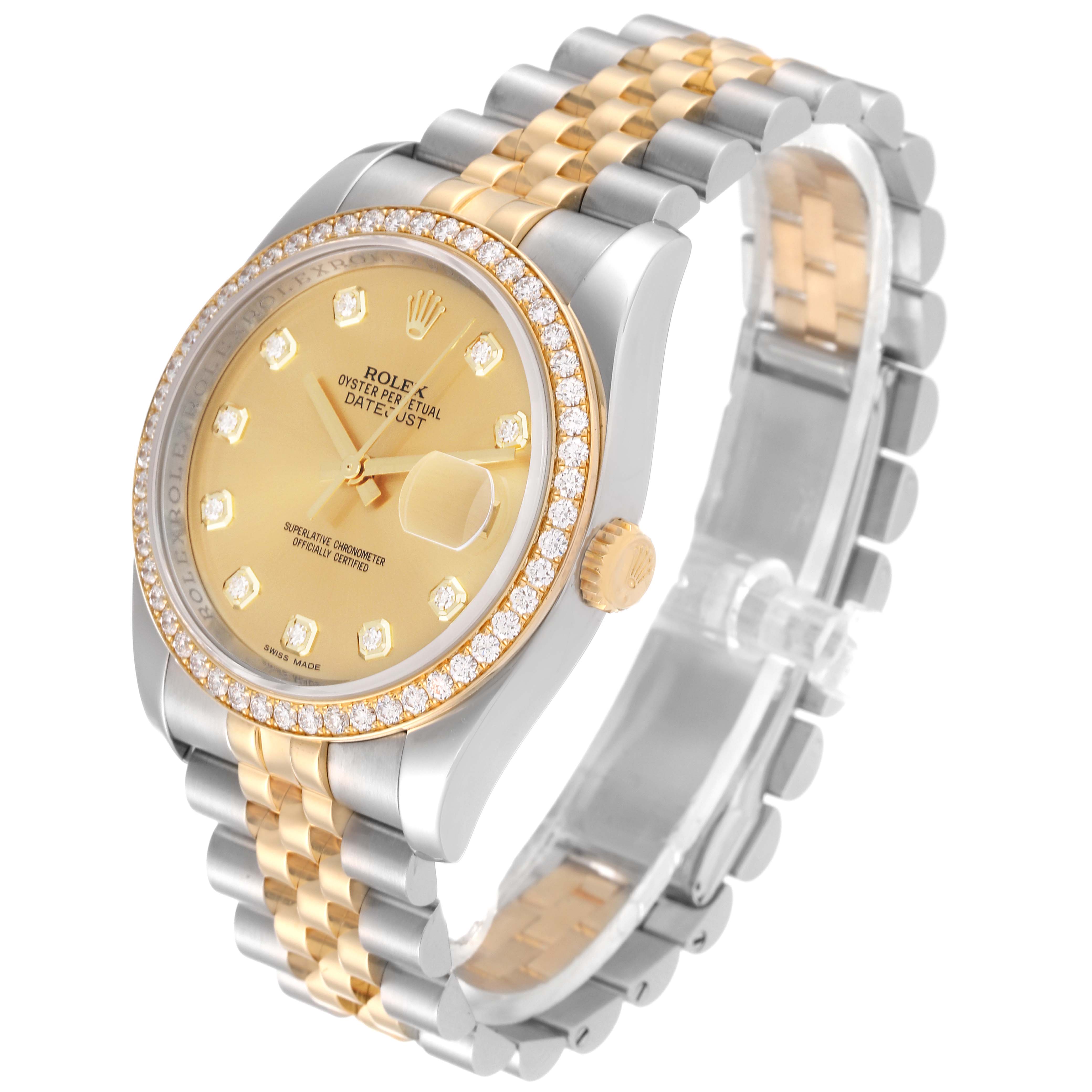 The Rolex Datejust 116243 Men's Steel and Gold (two tone) Champagne Dial 116243 Men's Steel and Gold (two tone) Champagne Dial watch is shown at a three-quarter angle, displaying its gold dial, diamond markers, bezel, and two-tone bracelet.