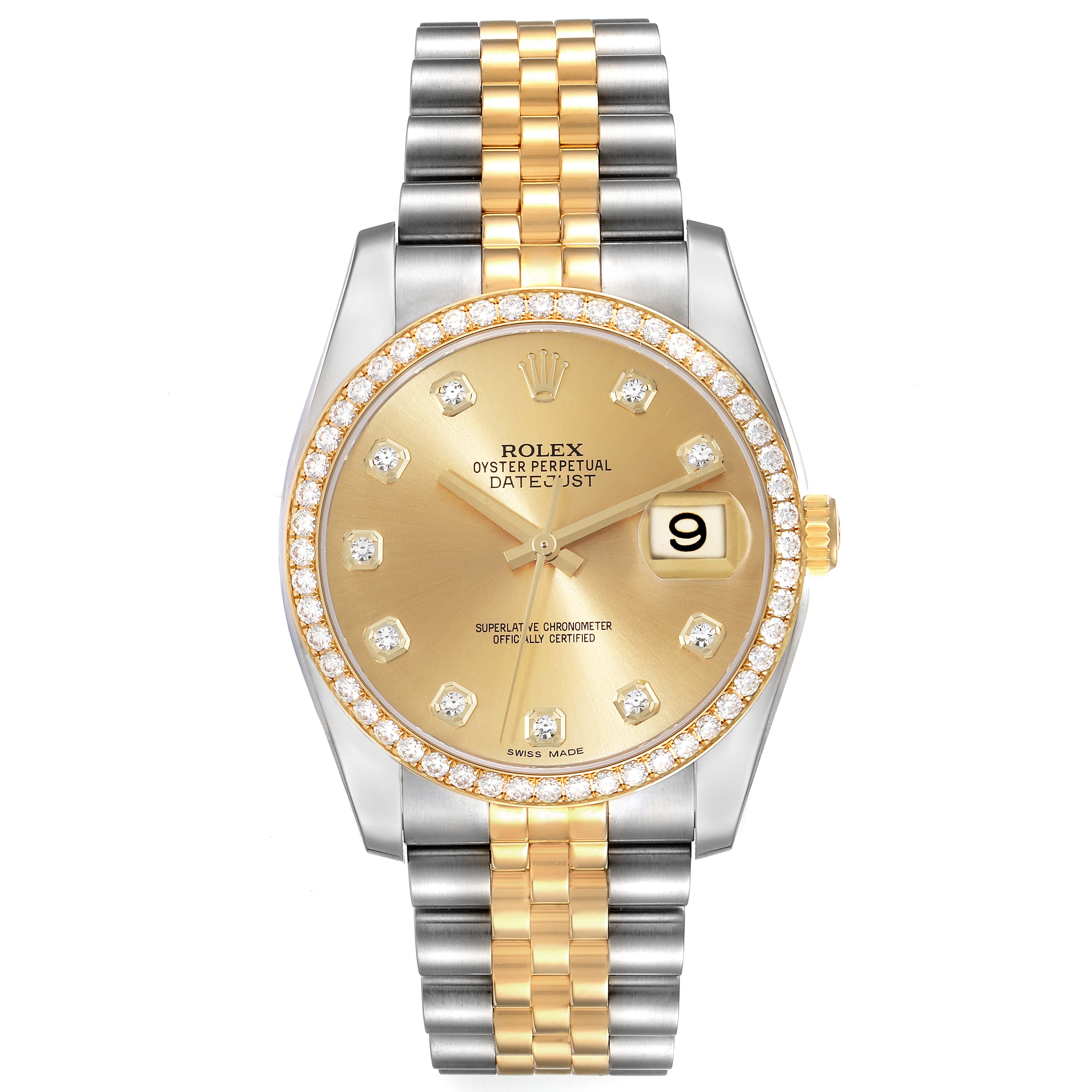 The image shows a Rolex Datejust 116243 Men's Steel and Gold (two tone) Champagne Dial 116243 Men's Steel and Gold (two tone) Champagne Dial watch from a front angle, featuring a two-tone bracelet and diamond-encrusted bezel.