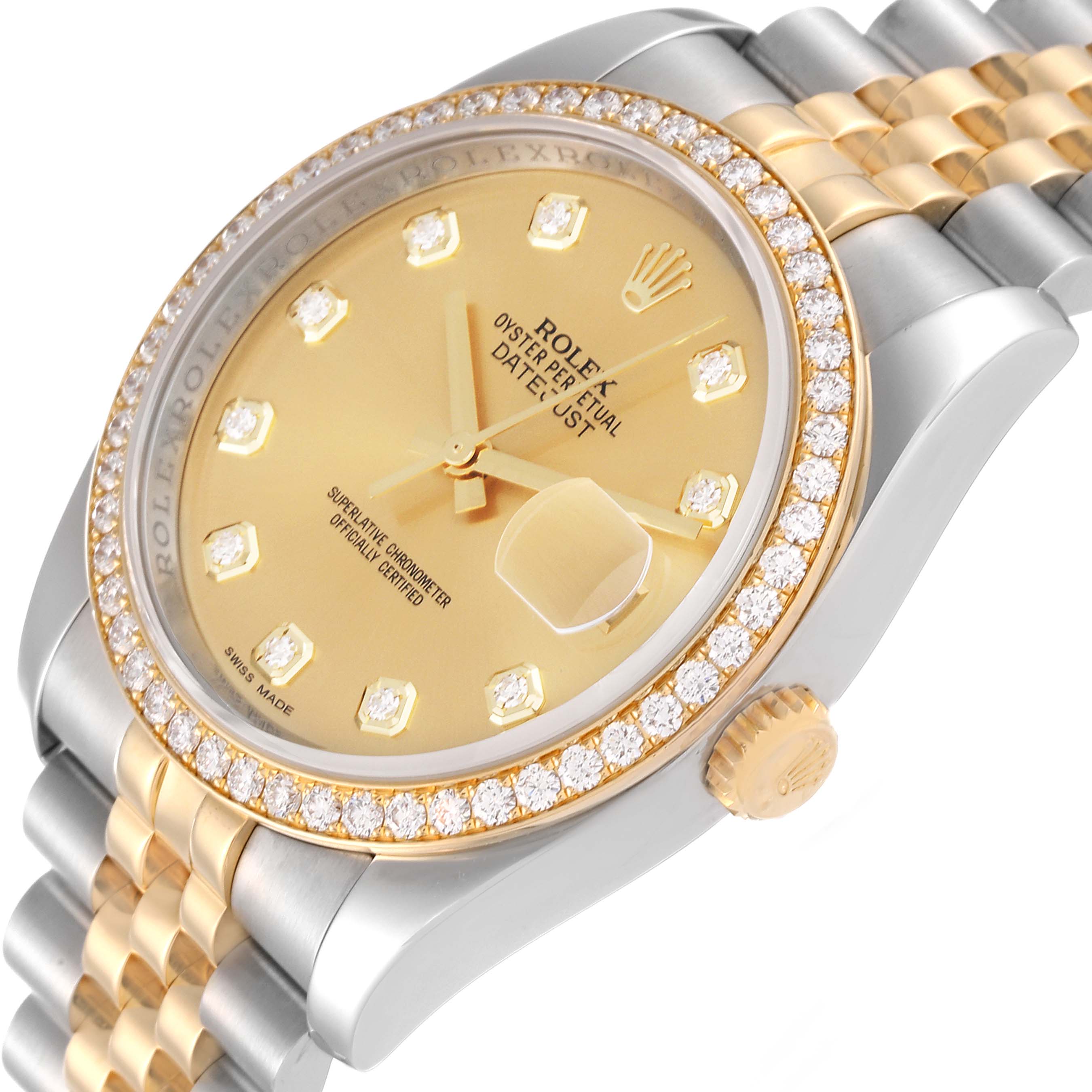 This image shows a Rolex Datejust 116243 Men's Steel and Gold (two tone) Champagne Dial 116243 Men's Steel and Gold (two tone) Champagne Dial watch at a slight angle, highlighting its gold dial, diamond-studded bezel, and two-tone bracelet.