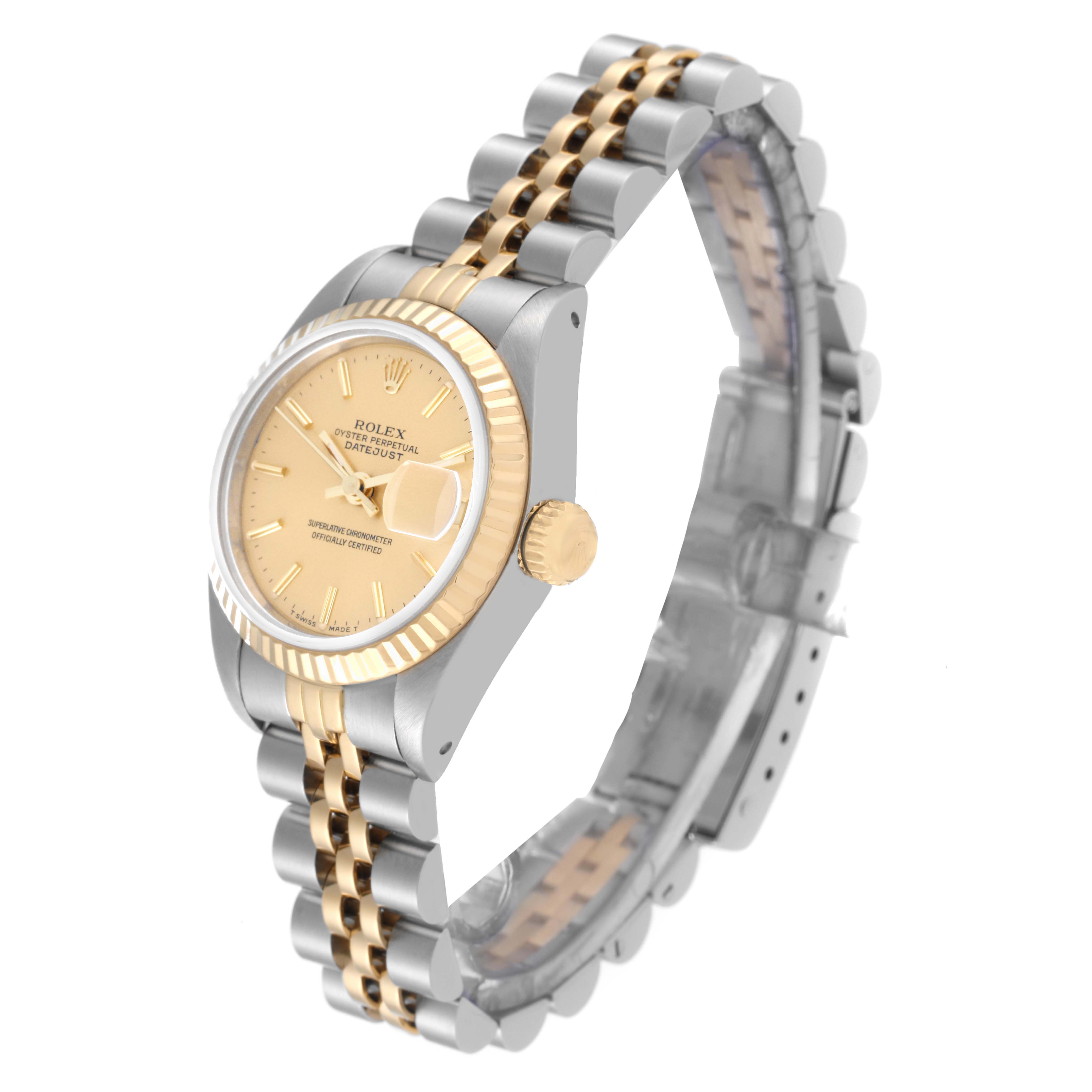 The image shows a side angle of a Rolex Datejust 69173 Women's Steel and Gold (two tone) Champagne Dial 69173 Women's Steel and Gold (two tone) Champagne Dial watch, highlighting the dial, crown, and two-tone bracelet.