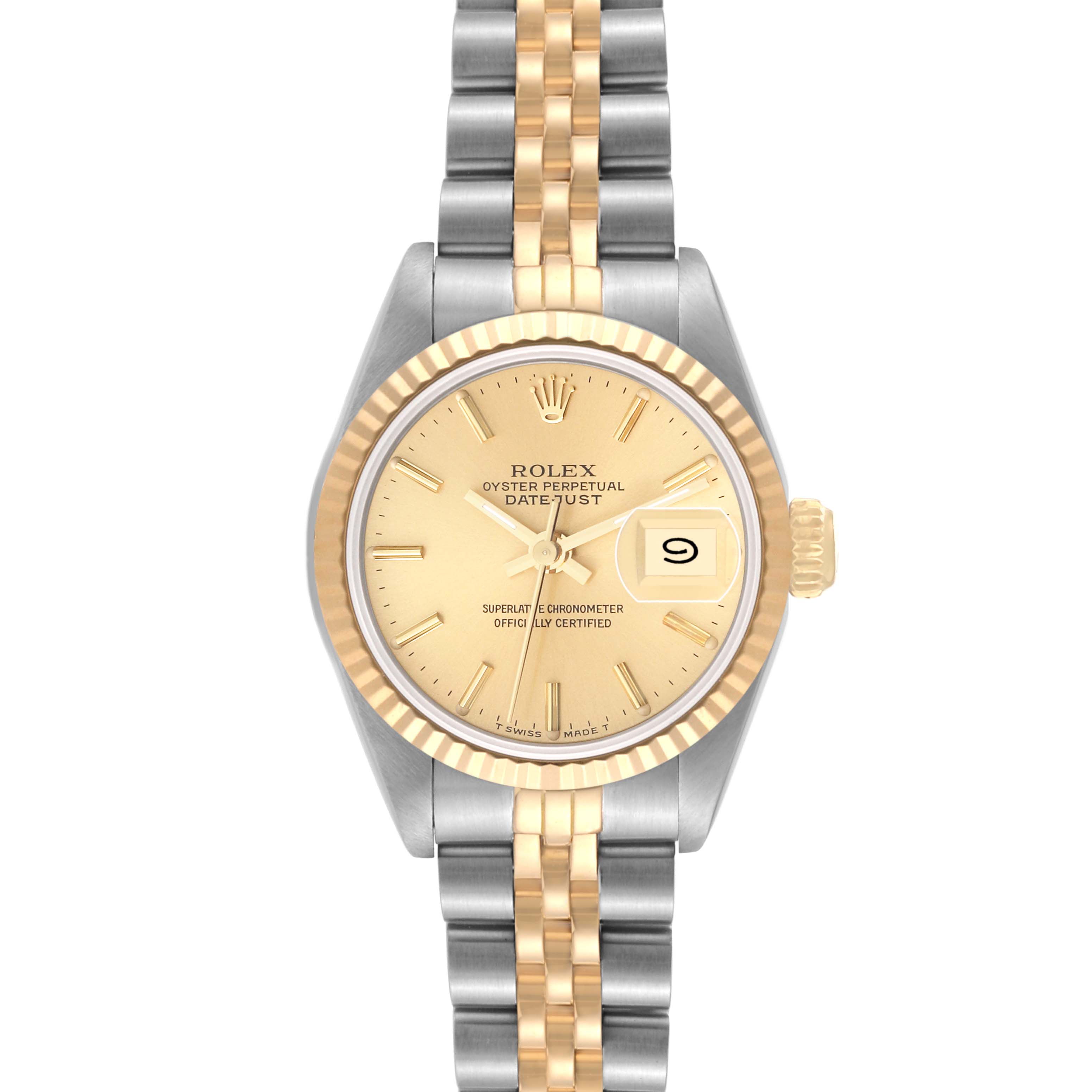 The image shows a front view of a Rolex Datejust 69173 Women's Steel and Gold (two tone) Champagne Dial 69173 Women's Steel and Gold (two tone) Champagne Dial watch with a champagne dial and a two-tone bracelet.