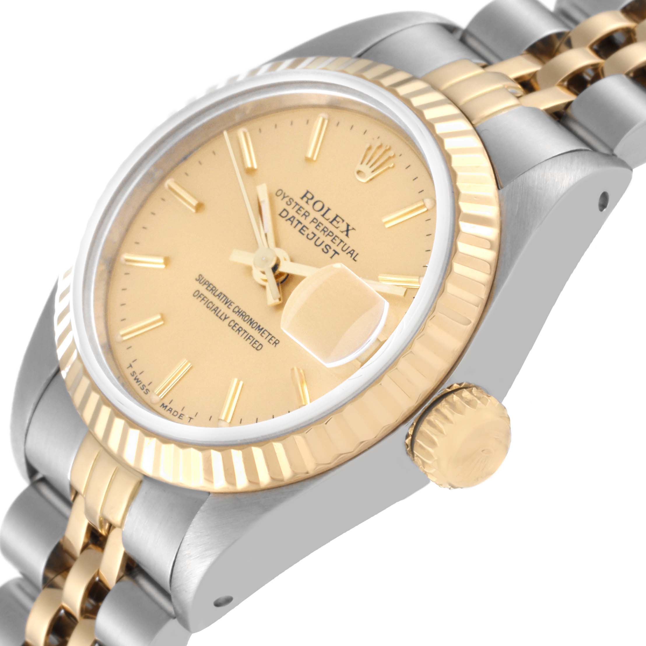 The image shows a close-up side angle of the Rolex Datejust 69173 Women's Steel and Gold (two tone) Champagne Dial 69173 Women's Steel and Gold (two tone) Champagne Dial watch, focusing on the dial, bezel, and crown.
