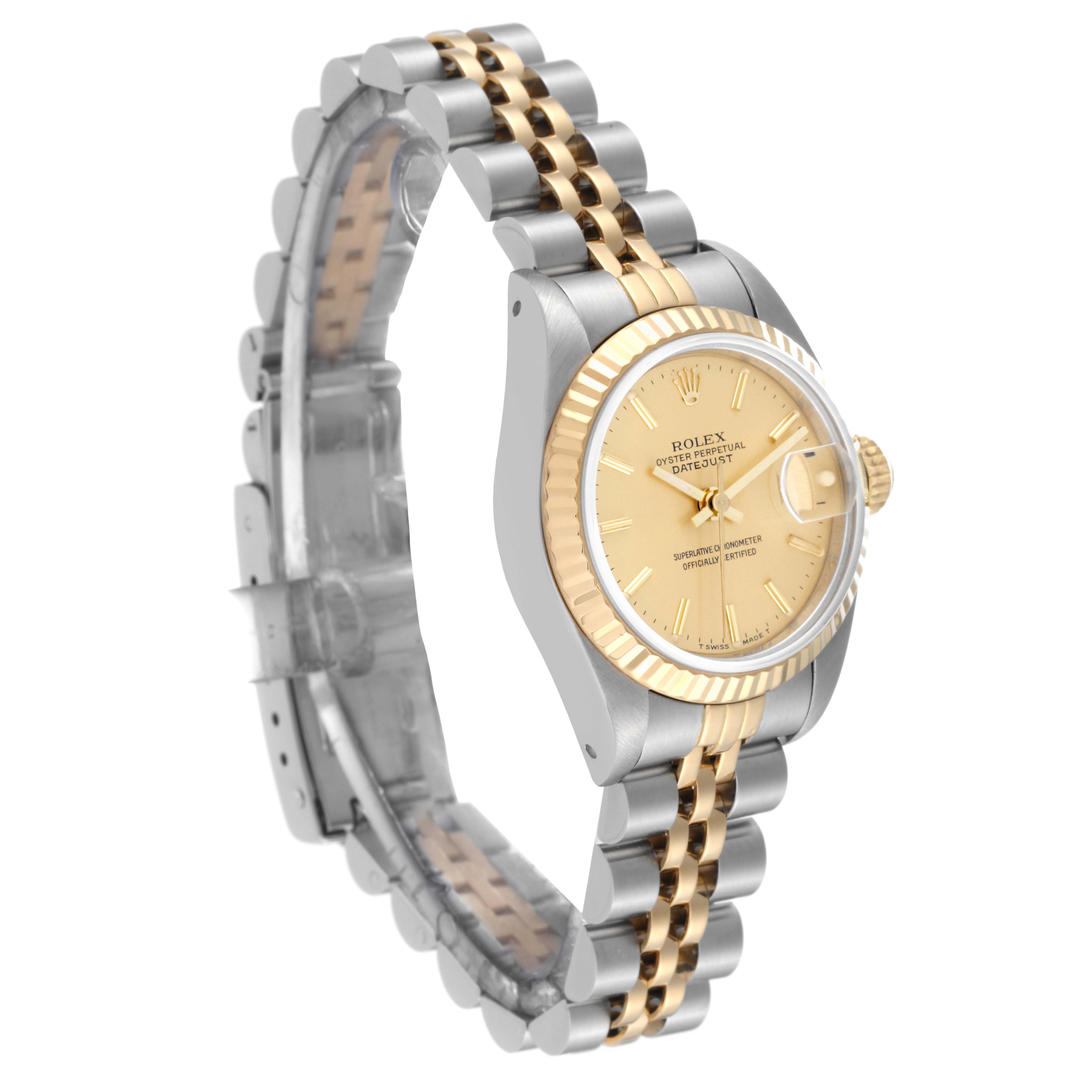 The Rolex Datejust 69173 Women's Steel and Gold (two tone) Champagne Dial 69173 Women's Steel and Gold (two tone) Champagne Dial watch is shown at a slight angle, highlighting the gold and silver bracelet, gold dial, and fluted bezel.