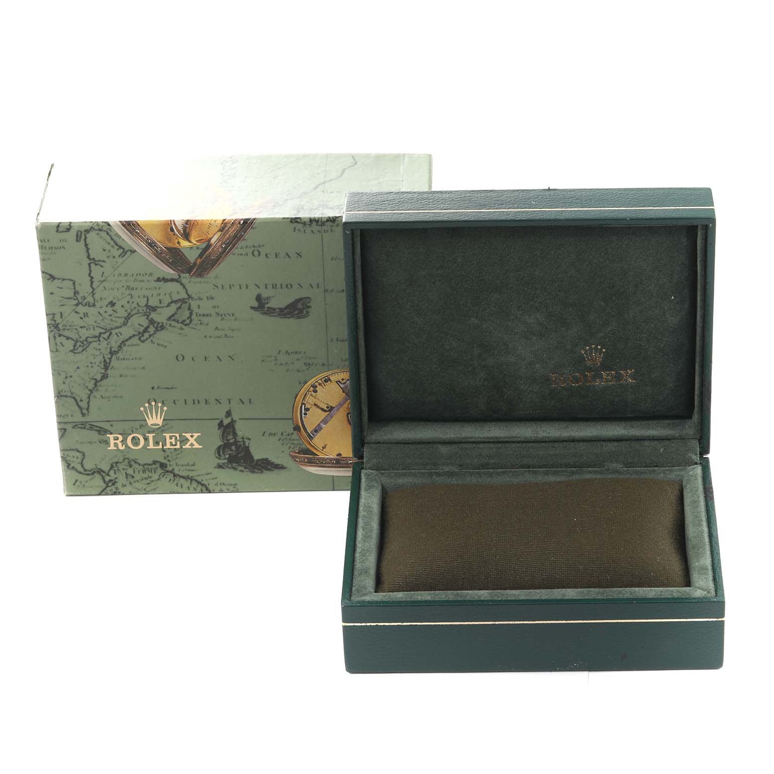 The image shows a Rolex Datejust 69173 Women's Steel and Gold (two tone) Champagne Dial 69173 Women's Steel and Gold (two tone) Champagne Dial watch box and outer packaging from a front angle, with both opened and closed boxes visible.