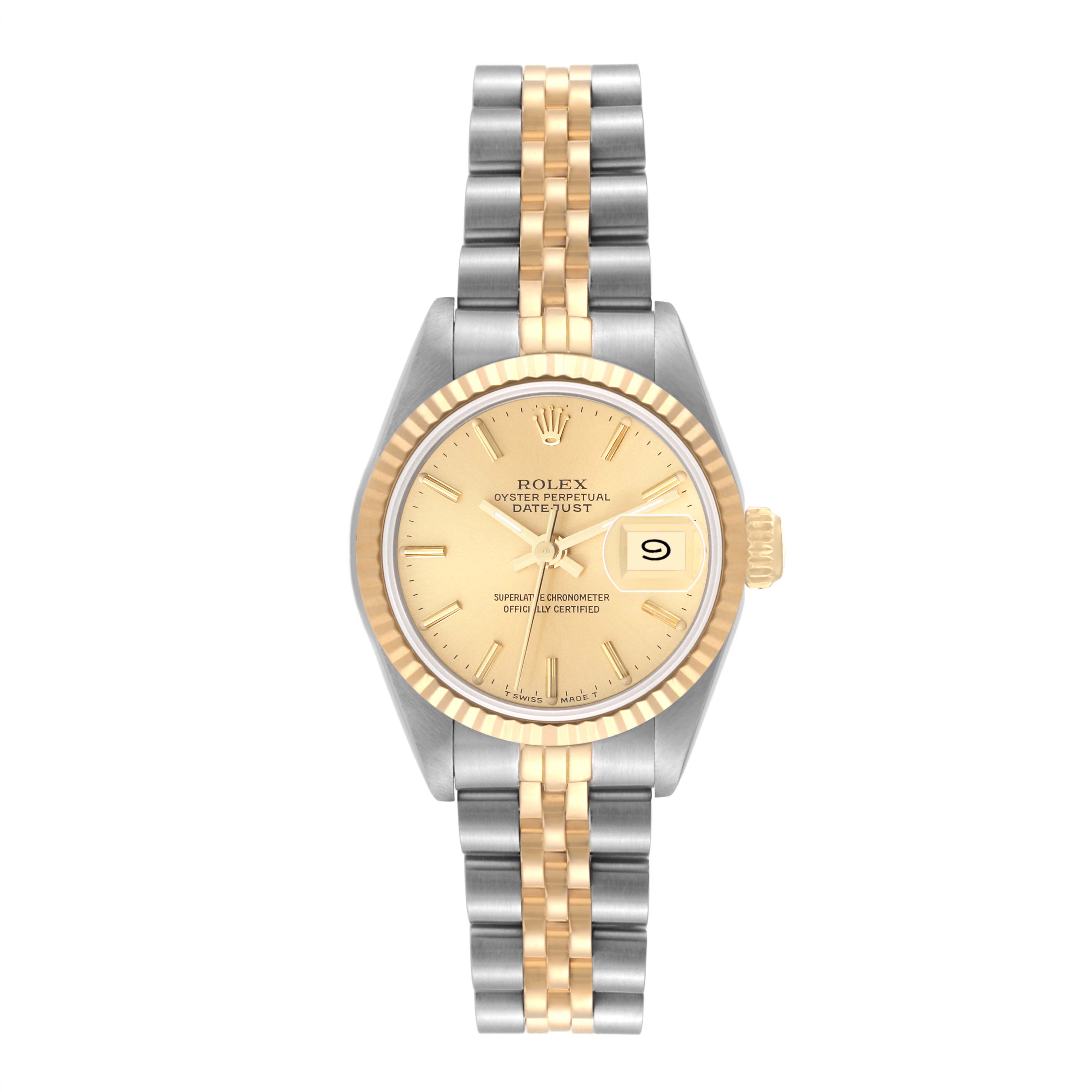 The image shows a Rolex Datejust 69173 Women's Steel and Gold (two tone) Champagne Dial 69173 Women's Steel and Gold (two tone) Champagne Dial watch from a front angle, highlighting its dial, bezel, and two-tone bracelet.