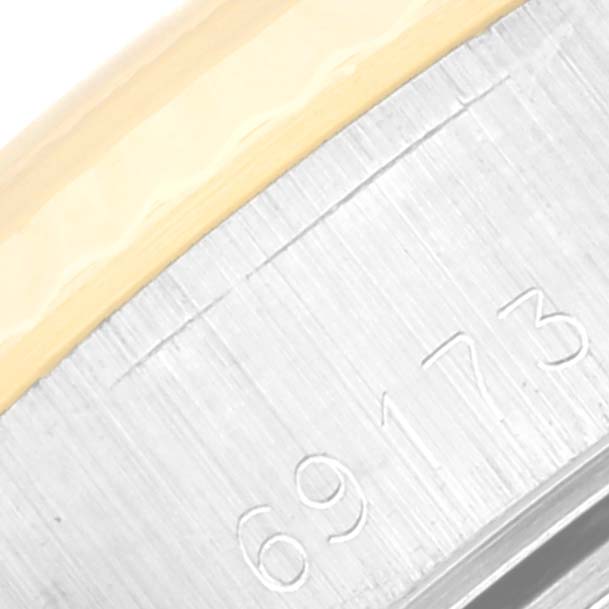 The image shows a close-up of the model number "69173" engraved on the side case of a Rolex Datejust 69173 Women's Steel and Gold (two tone) Champagne Dial 69173 Women's Steel and Gold (two tone) Champagne Dial watch.