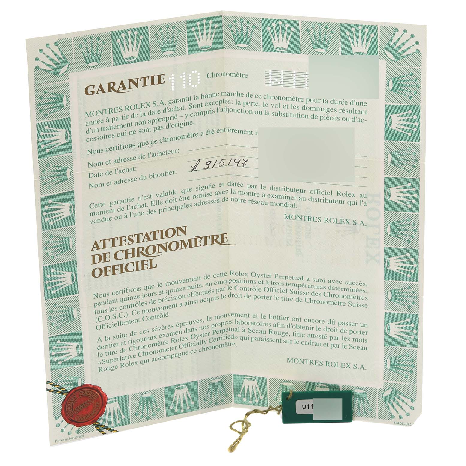 This image shows the warranty and official chronometer certification papers for the Rolex Datejust 69173 Women's Steel and Gold (two tone) Champagne Dial 69173 Women's Steel and Gold (two tone) Champagne Dial model.