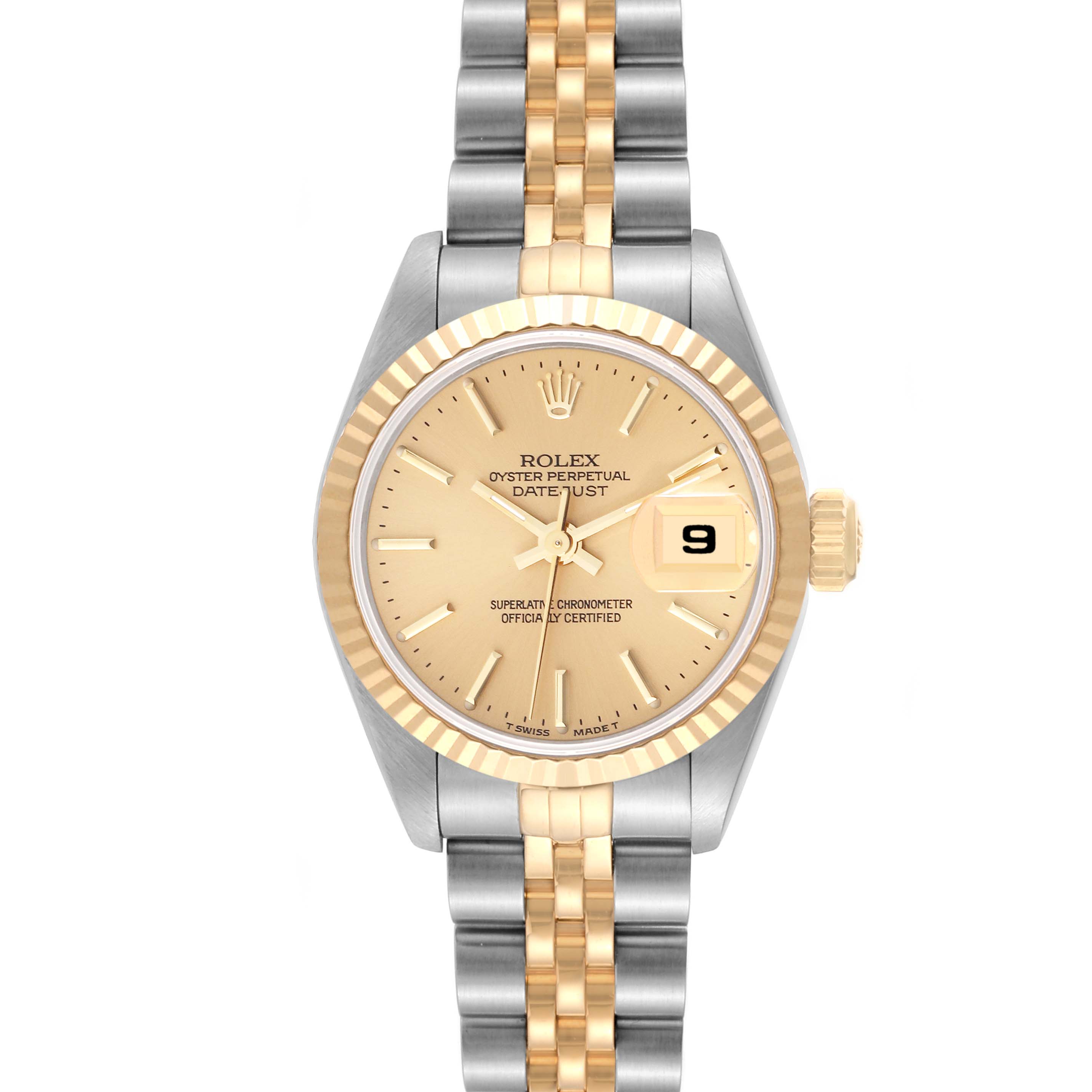 The Rolex Datejust 69173 Women's Steel and Gold (two tone) Champagne Dial 69173 Women's Steel and Gold (two tone) Champagne Dial watch is shown from a front angle, displaying the face, bezel, and two-tone bracelet.