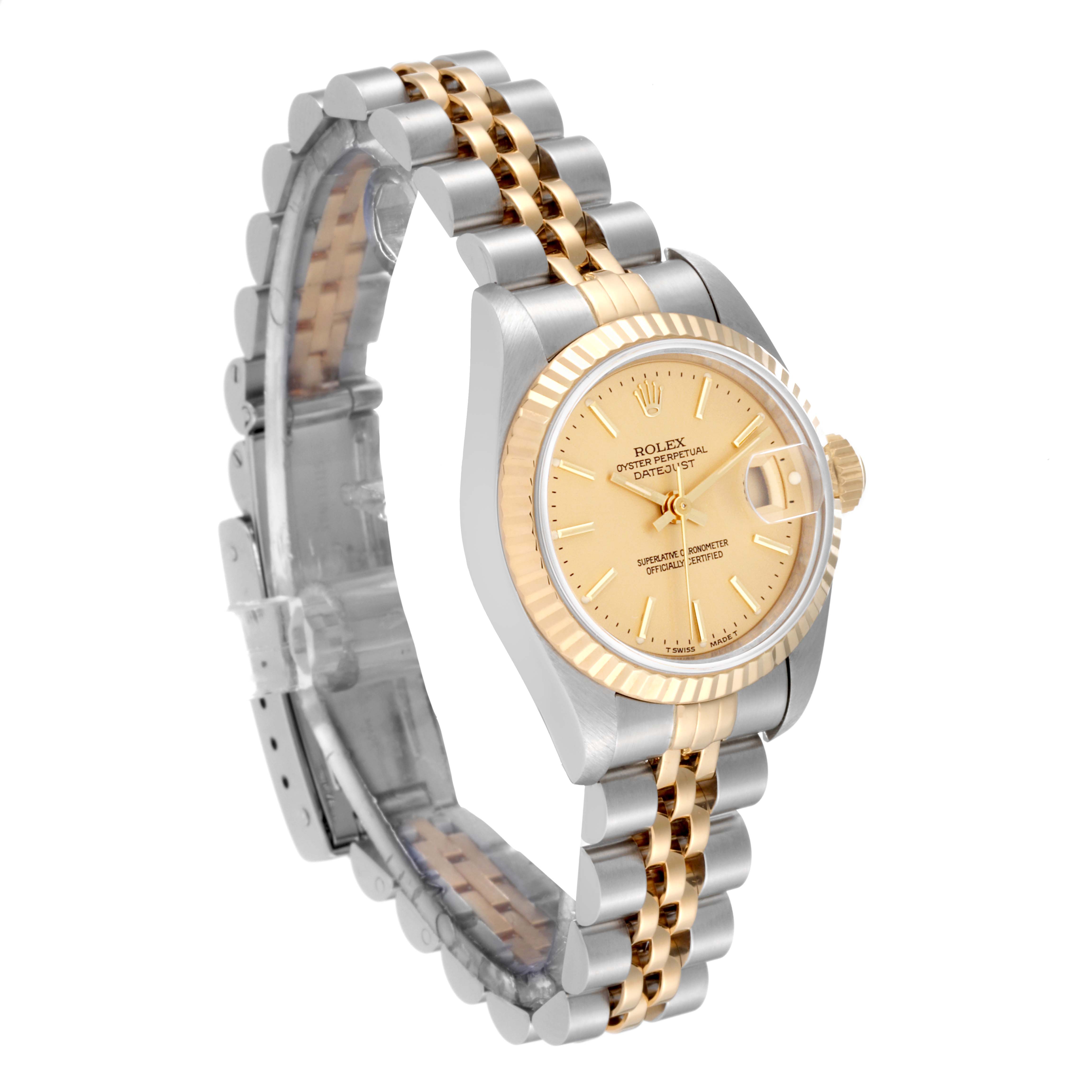This image shows a Rolex Datejust 69173 Women's Steel and Gold (two tone) Champagne Dial 69173 Women's Steel and Gold (two tone) Champagne Dial watch with a two-tone Jubilee bracelet, fluted bezel, and a champagne dial, at a slight left-side angle.