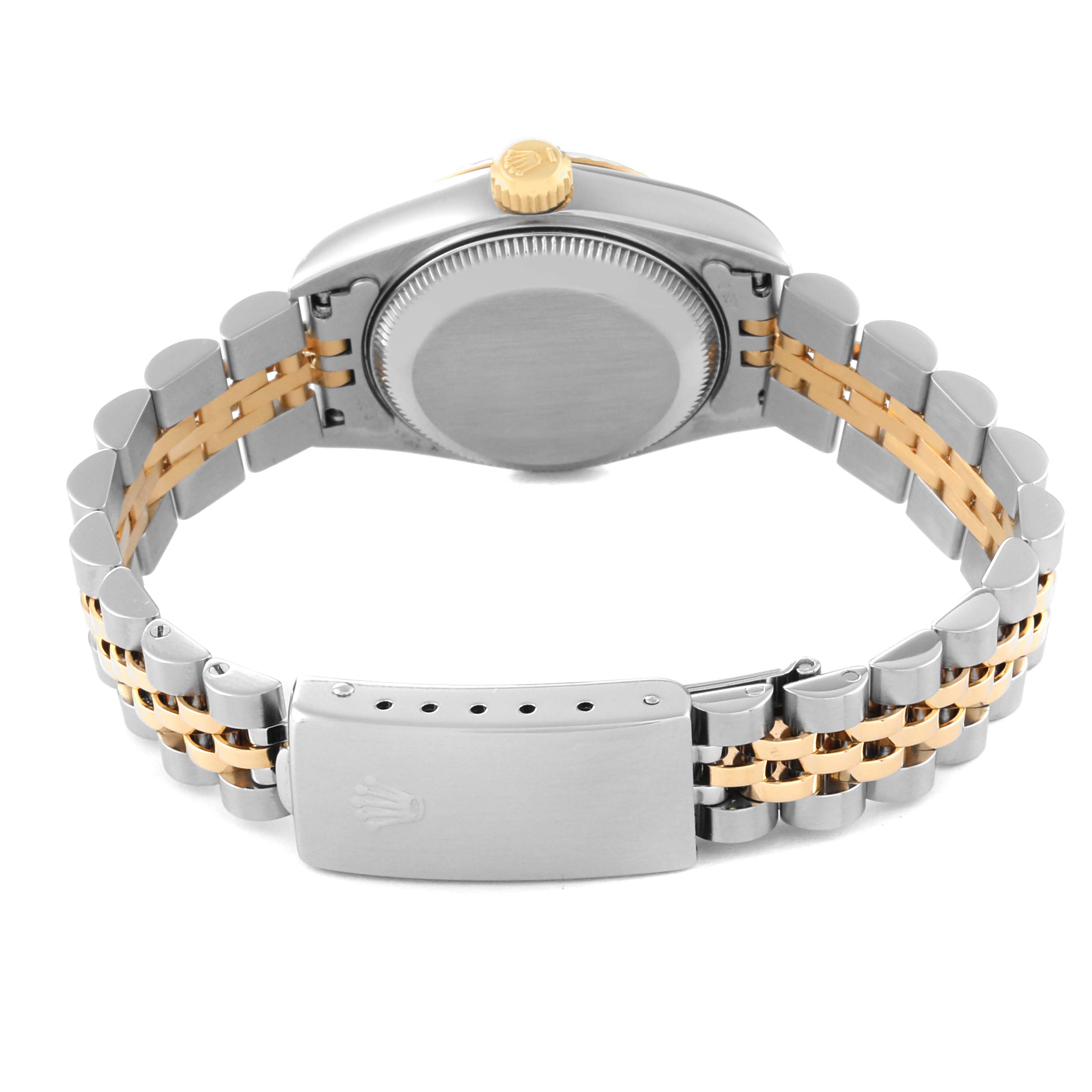 This image shows the backside of the Rolex Datejust 69173 Women's Steel and Gold (two tone) Champagne Dial 69173 Women's Steel and Gold (two tone) Champagne Dial watch, highlighting its clasp, bracelet, and case back.