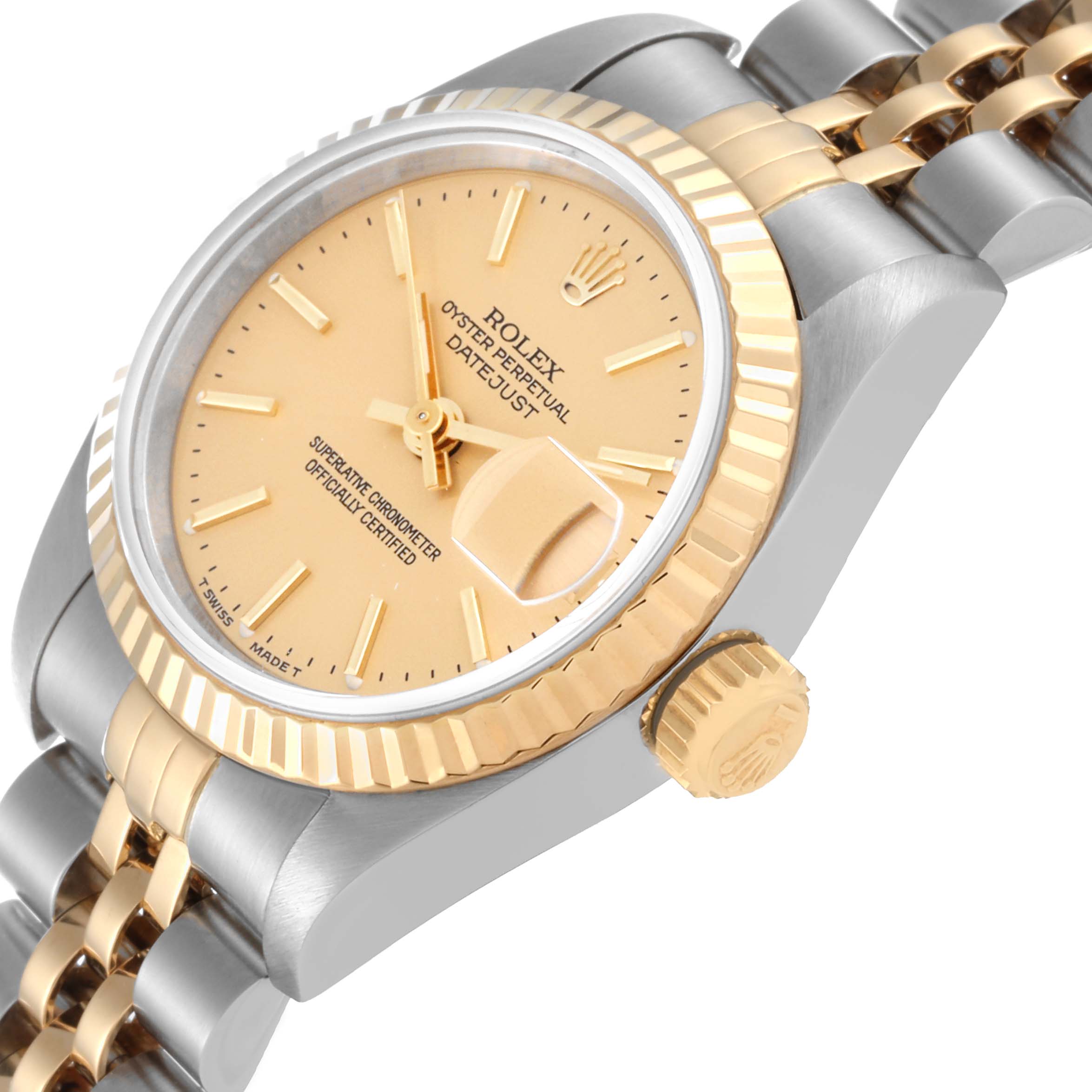 This image shows the Rolex Datejust 69173 Women's Steel and Gold (two tone) Champagne Dial 69173 Women's Steel and Gold (two tone) Champagne Dial model watch at an angled side view, highlighting the face, bezel, crown, and bracelet.