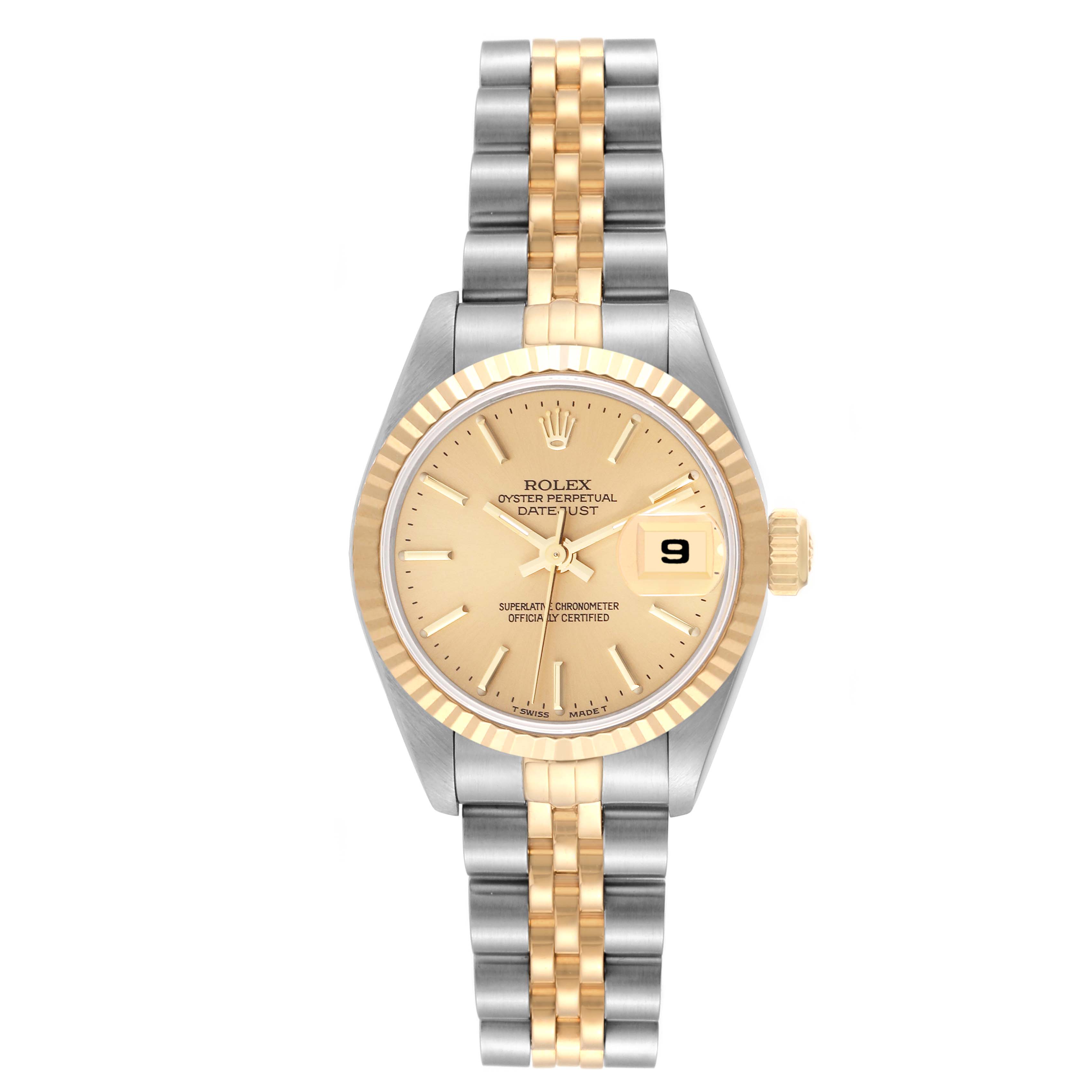 This is a front view of a Rolex Datejust 69173 Women's Steel and Gold (two tone) Champagne Dial 69173 Women's Steel and Gold (two tone) Champagne Dial watch showing the dial, bezel, hands, date window, and two-tone bracelet.