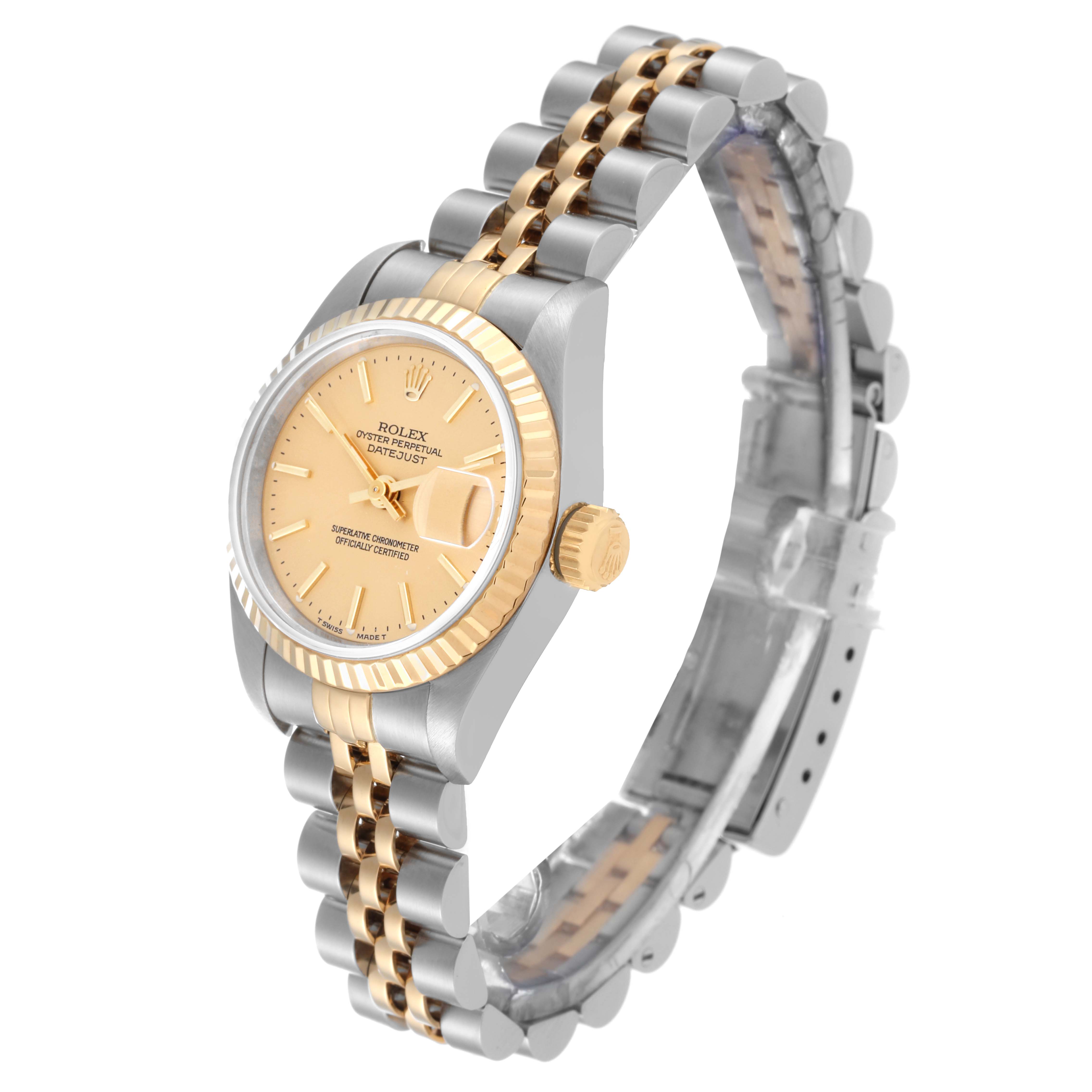 The Rolex Datejust 69173 Women's Steel and Gold (two tone) Champagne Dial 69173 Women's Steel and Gold (two tone) Champagne Dial watch is shown at a three-quarter angle, highlighting the dial, bezel, crown, and two-tone bracelet.