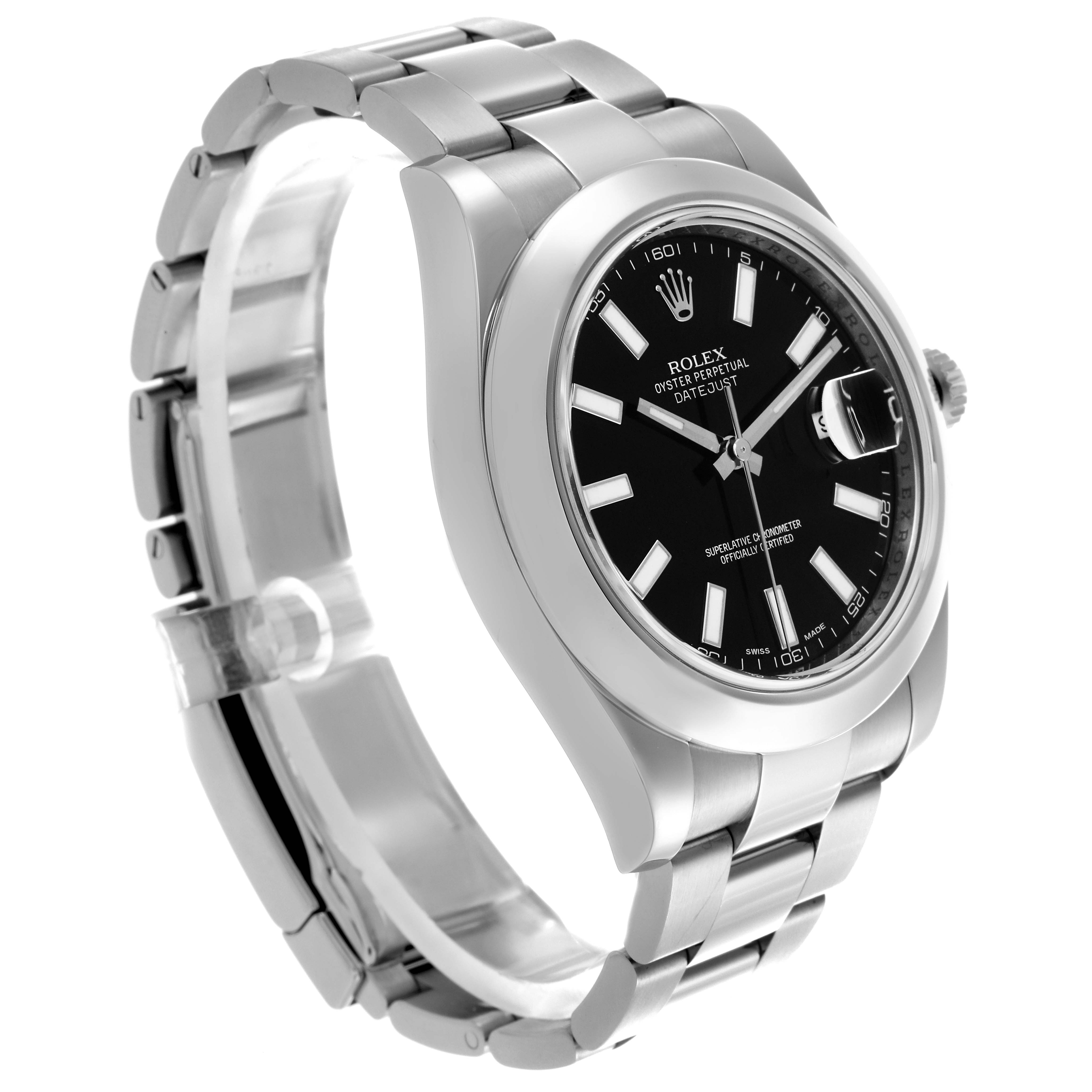 The Rolex Datejust 41 116300 Men's Stainless Steel Black Dial 116300 Men's Stainless Steel Black Dial is shown at a three-quarter angle, highlighting the face, bezel, and bracelet.