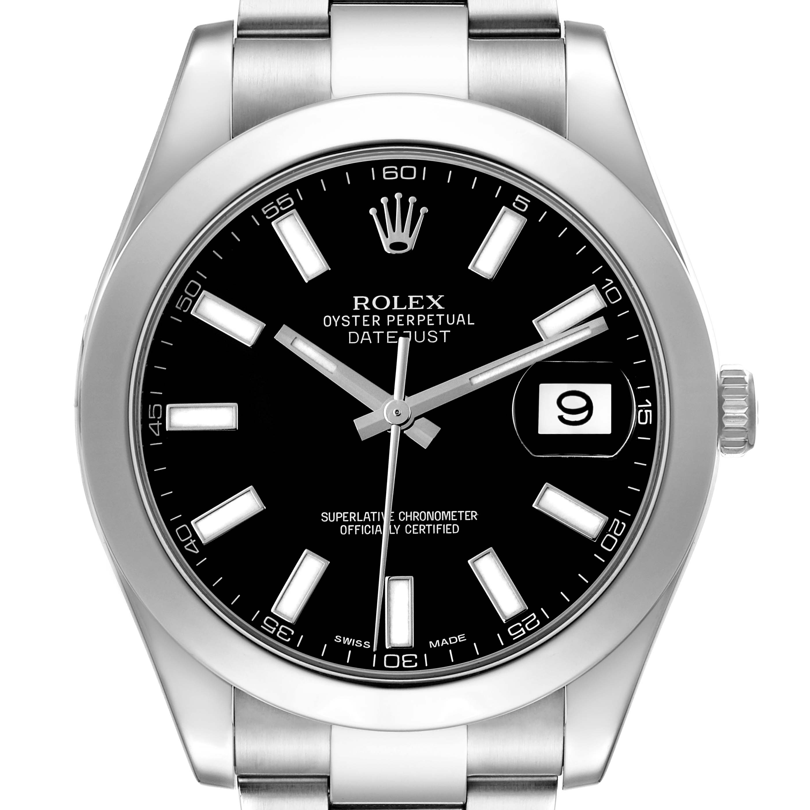 The Rolex Datejust 41 116300 Men's Stainless Steel Black Dial 116300 Men's Stainless Steel Black Dial watch is shown from a front angle, displaying the dial, hands, indices, date window, and part of the bracelet.