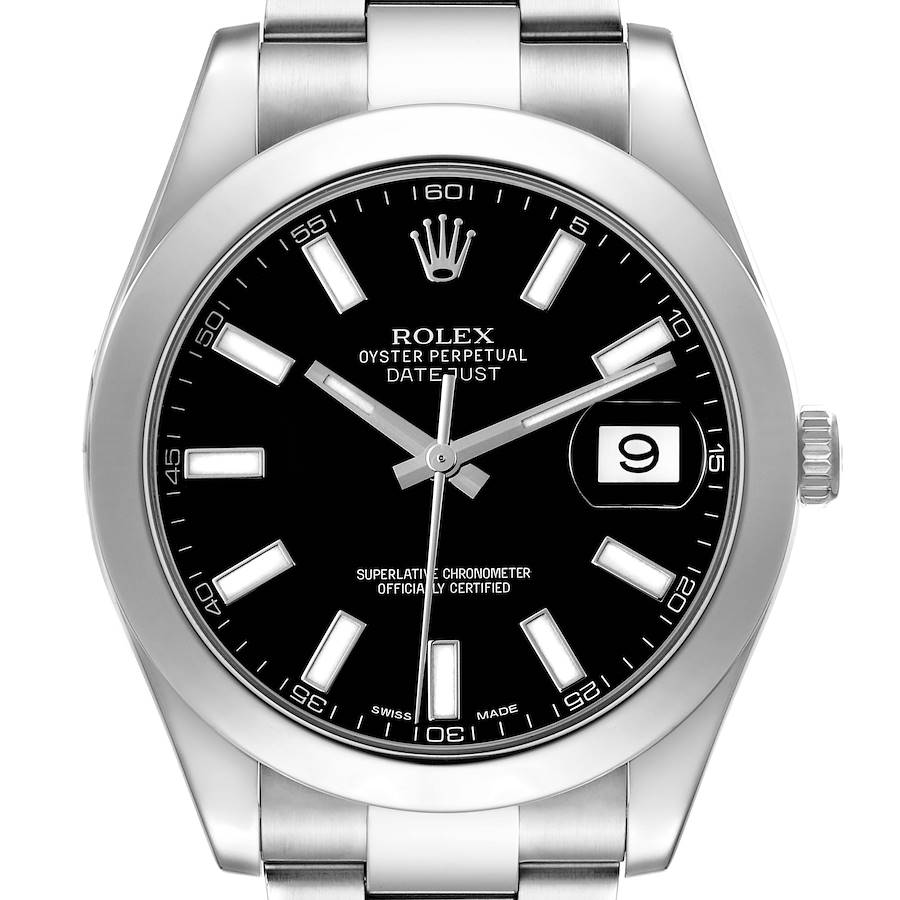 The Rolex Datejust 41 watch is shown from a front angle, displaying the dial, hands, indices, date window, and part of the bracelet.