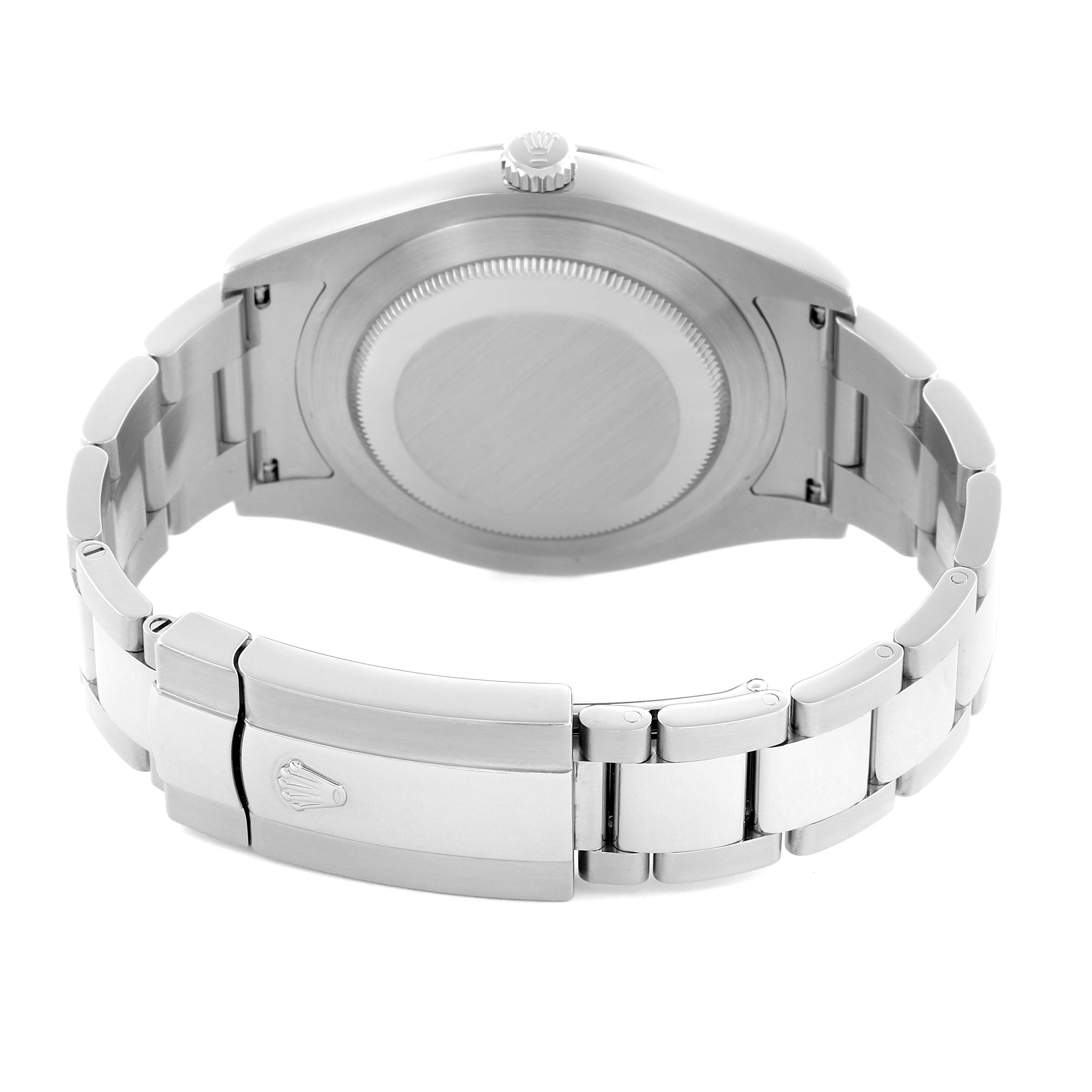 The image shows the back of a Rolex Datejust 41 116300 Men's Stainless Steel Black Dial 116300 Men's Stainless Steel Black Dial, highlighting its case back, bracelet, and clasp, viewed from behind.