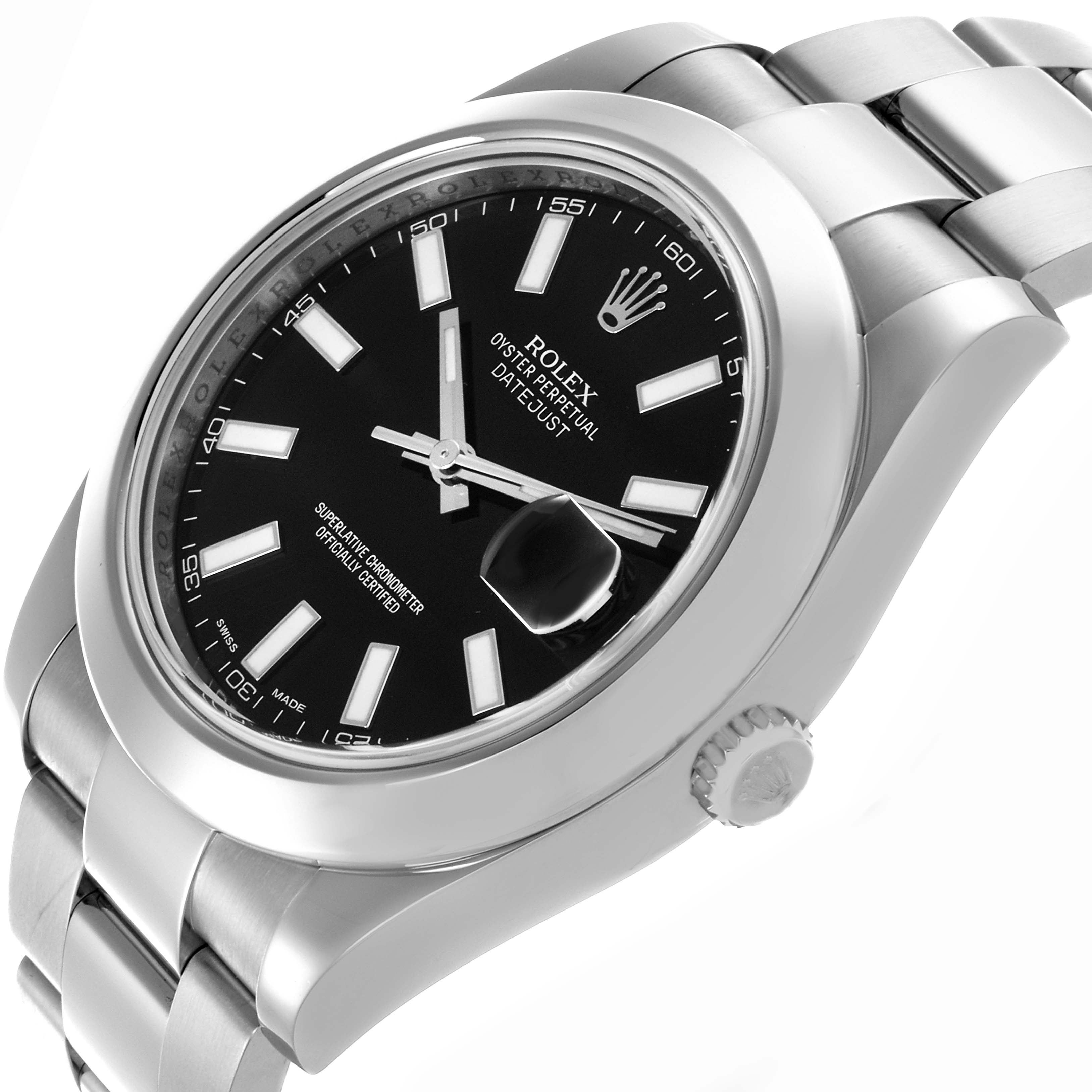 This Rolex Datejust 41 116300 Men's Stainless Steel Black Dial 116300 Men's Stainless Steel Black Dial watch is shown at a slight angle, displaying the black dial, cyclops lens, bezel, and part of the bracelet.