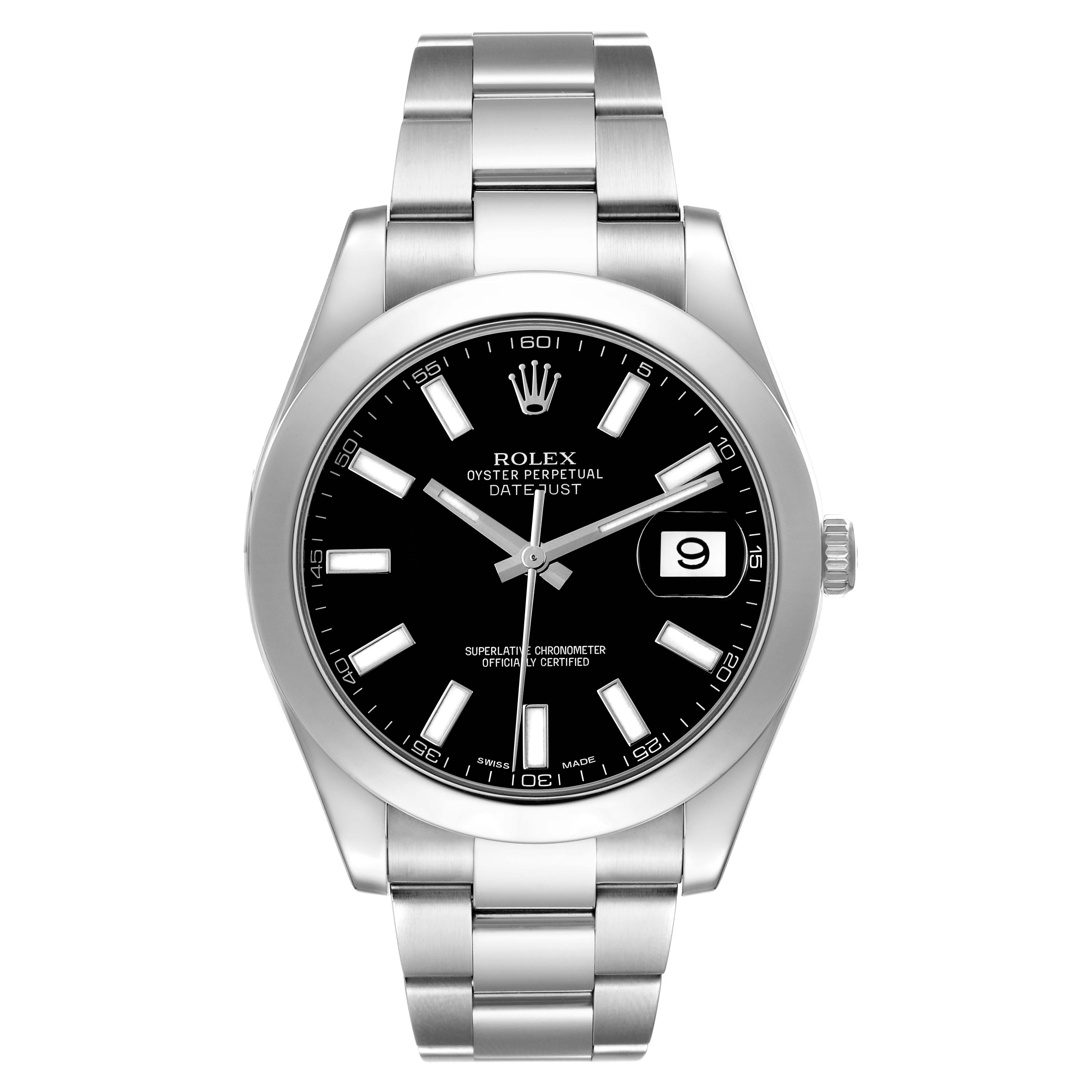 The Rolex Datejust 41 116300 Men's Stainless Steel Black Dial 116300 Men's Stainless Steel Black Dial watch is shown from a front view, displaying the dial, case, bracelet, and date window.