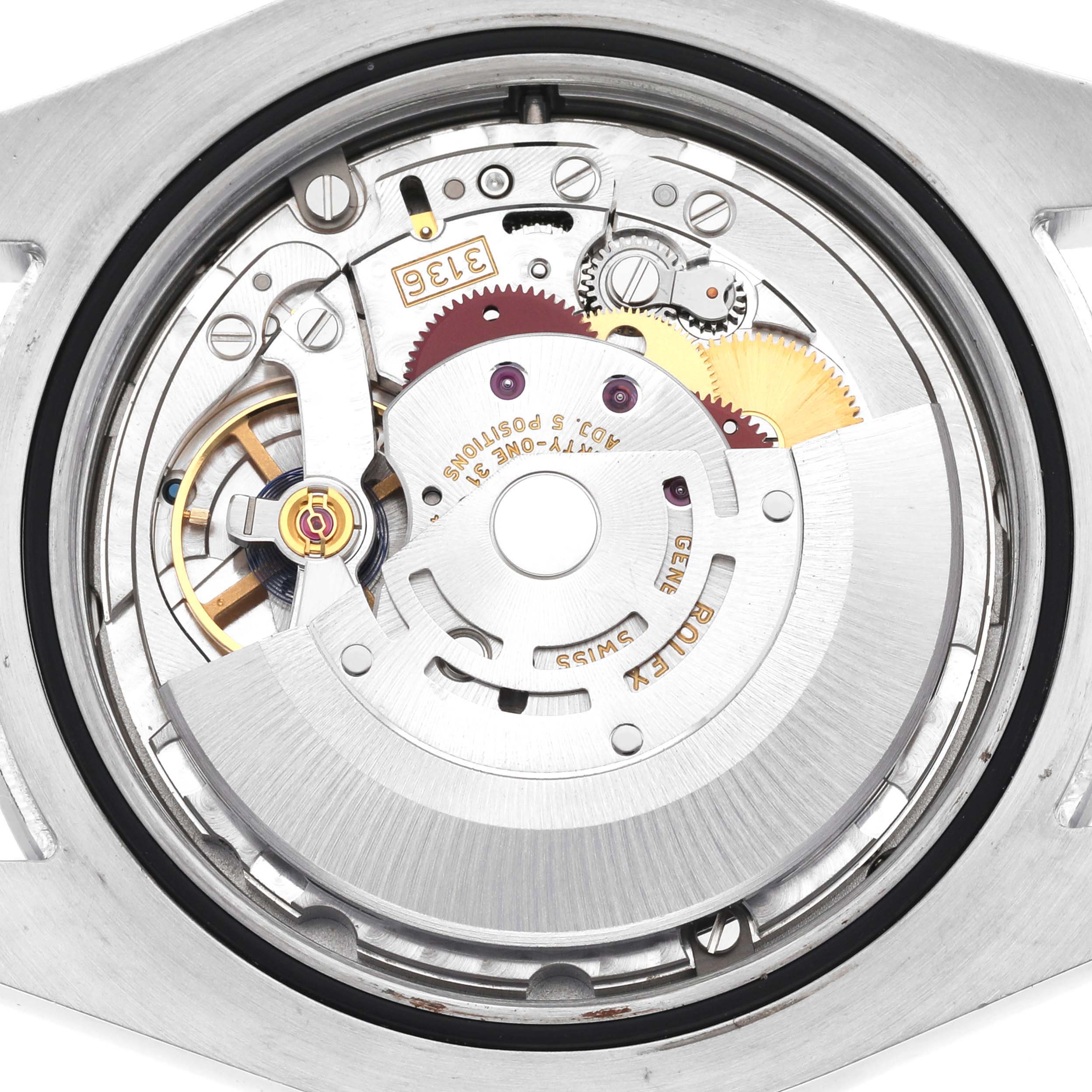 The image shows the movement of a Rolex Datejust 41 116300 Men's Stainless Steel Black Dial 116300 Men's Stainless Steel Black Dial watch, viewed from the back.