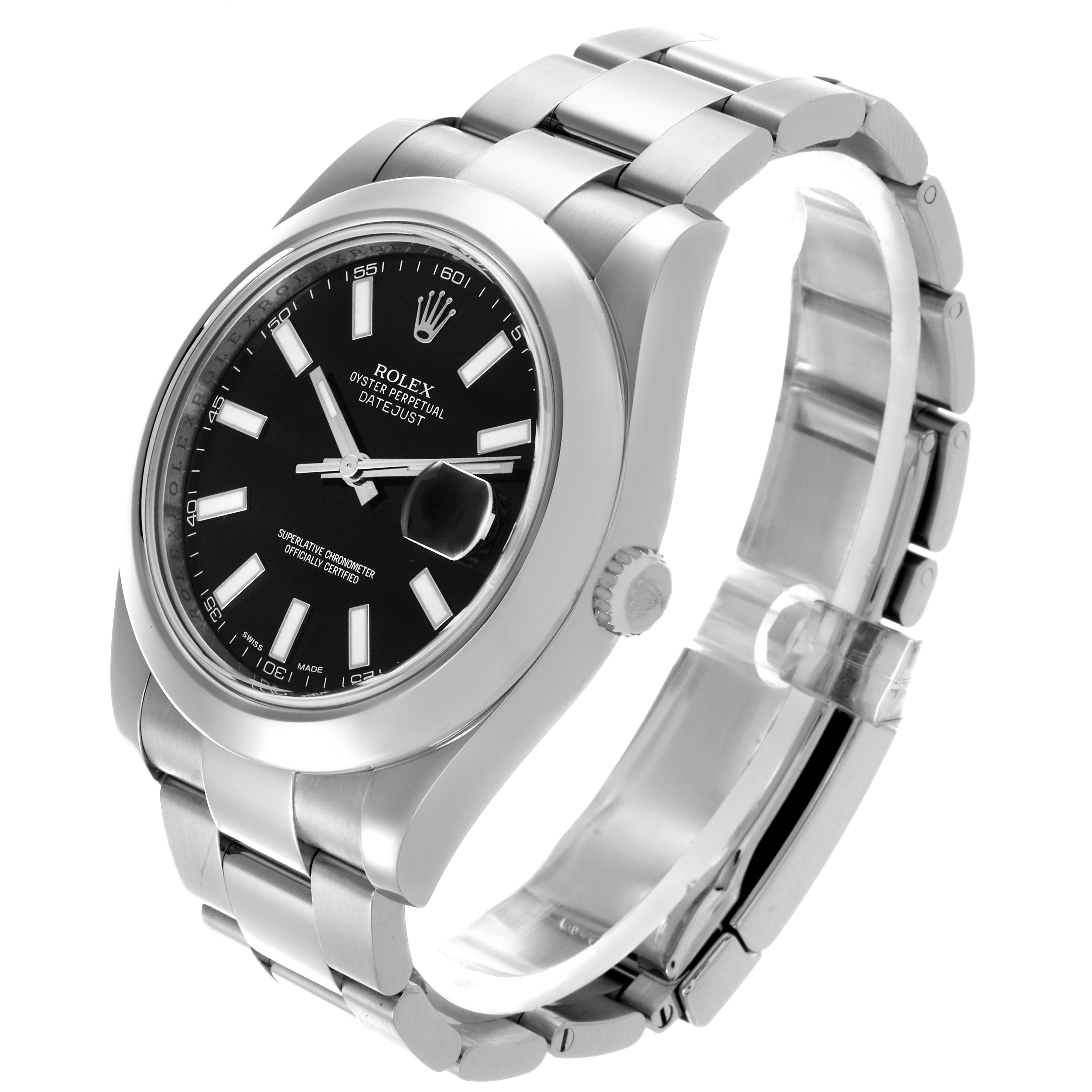 The Rolex Datejust 41 116300 Men's Stainless Steel Black Dial 116300 Men's Stainless Steel Black Dial model is shown at a three-quarter angle, displaying the face, bezel, crown, and part of the bracelet.
