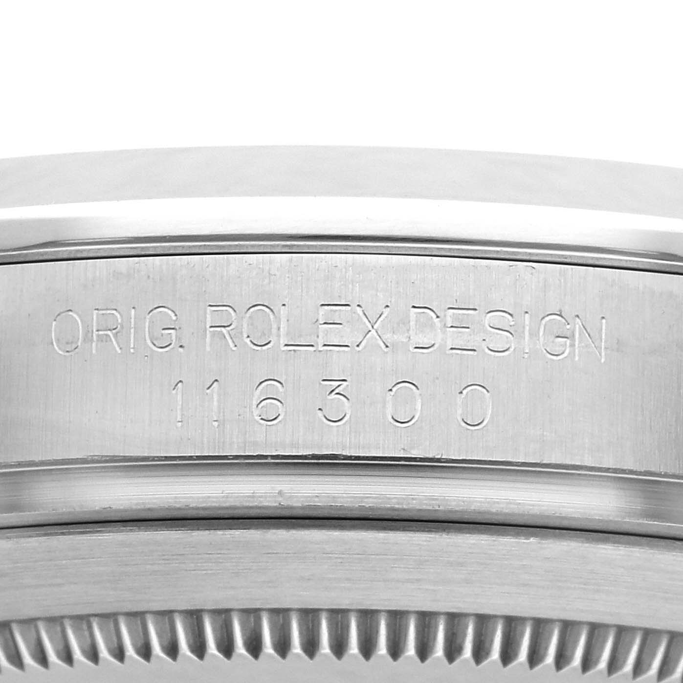 The image shows a side view of the Rolex Datejust 41 116300 Men's Stainless Steel Black Dial 116300 Men's Stainless Steel Black Dial watch case, highlighting the engraved model number and "Orig. Rolex Design" text.