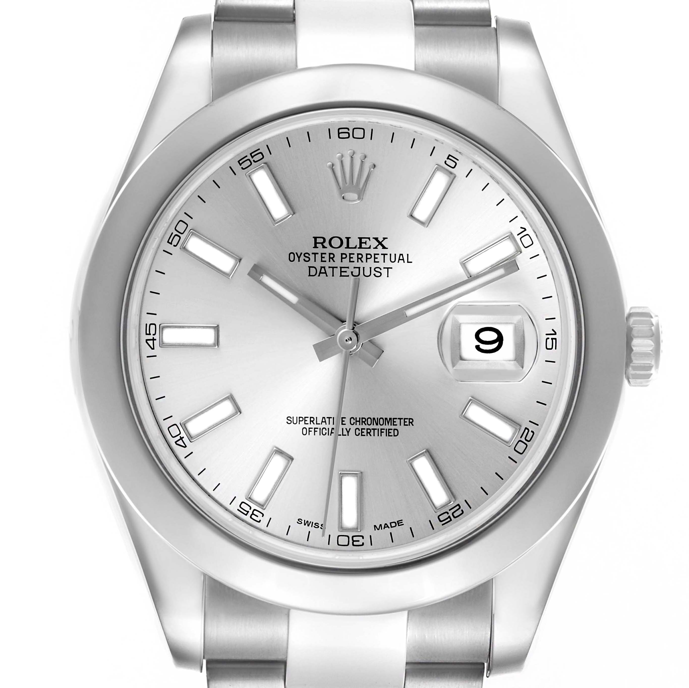 The Rolex Datejust 41 116300 Men
s Stainless Steel Silver Dial 116300 Men
s Stainless Steel Silver Dial is shown from the front, highlighting the dial, hands, date, and part of the bracelet.