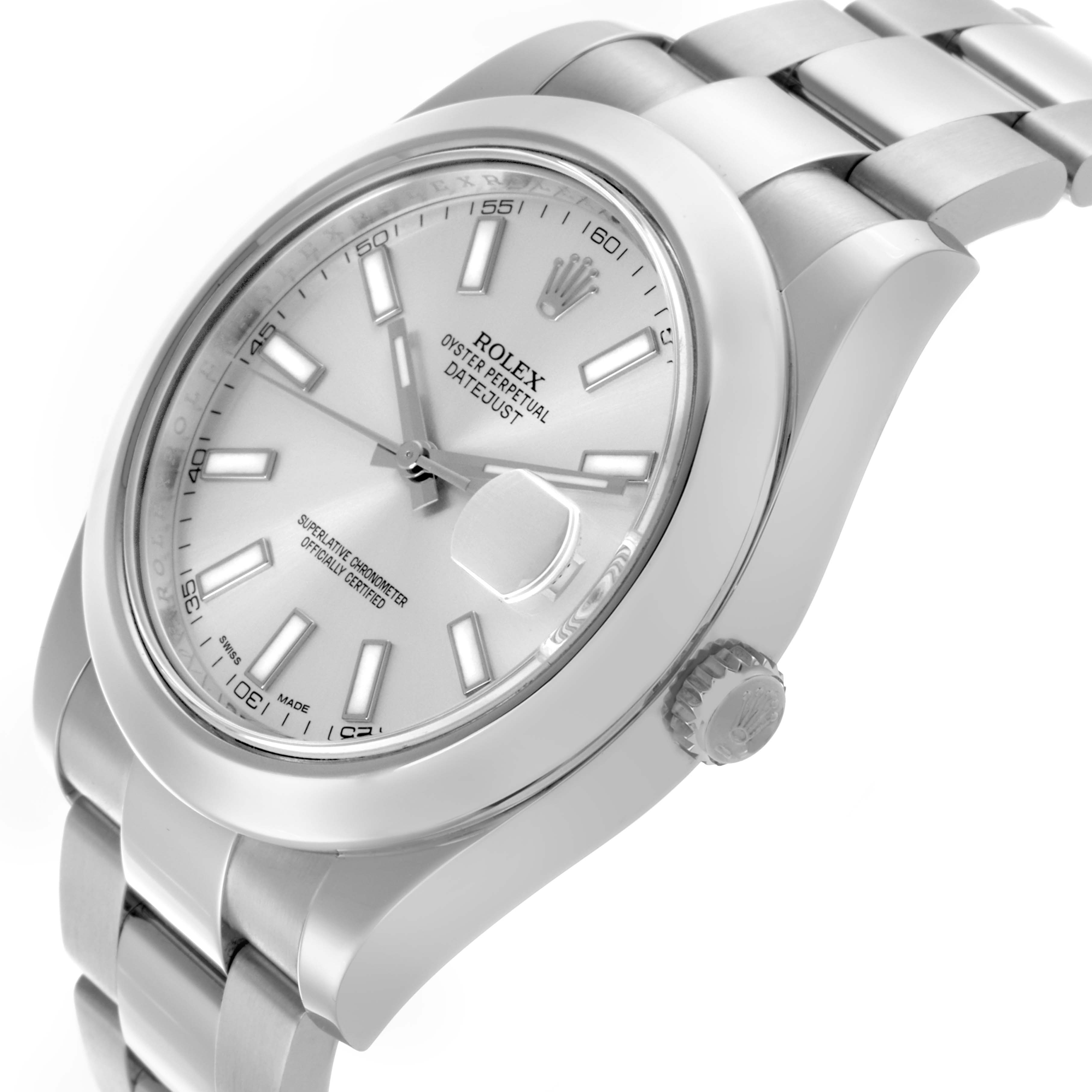 The Rolex Datejust 41 116300 Men
s Stainless Steel Silver Dial 116300 Men
s Stainless Steel Silver Dial watch is shown at a slightly angled top-down view, displaying the dial, bezel, crown, and bracelet.